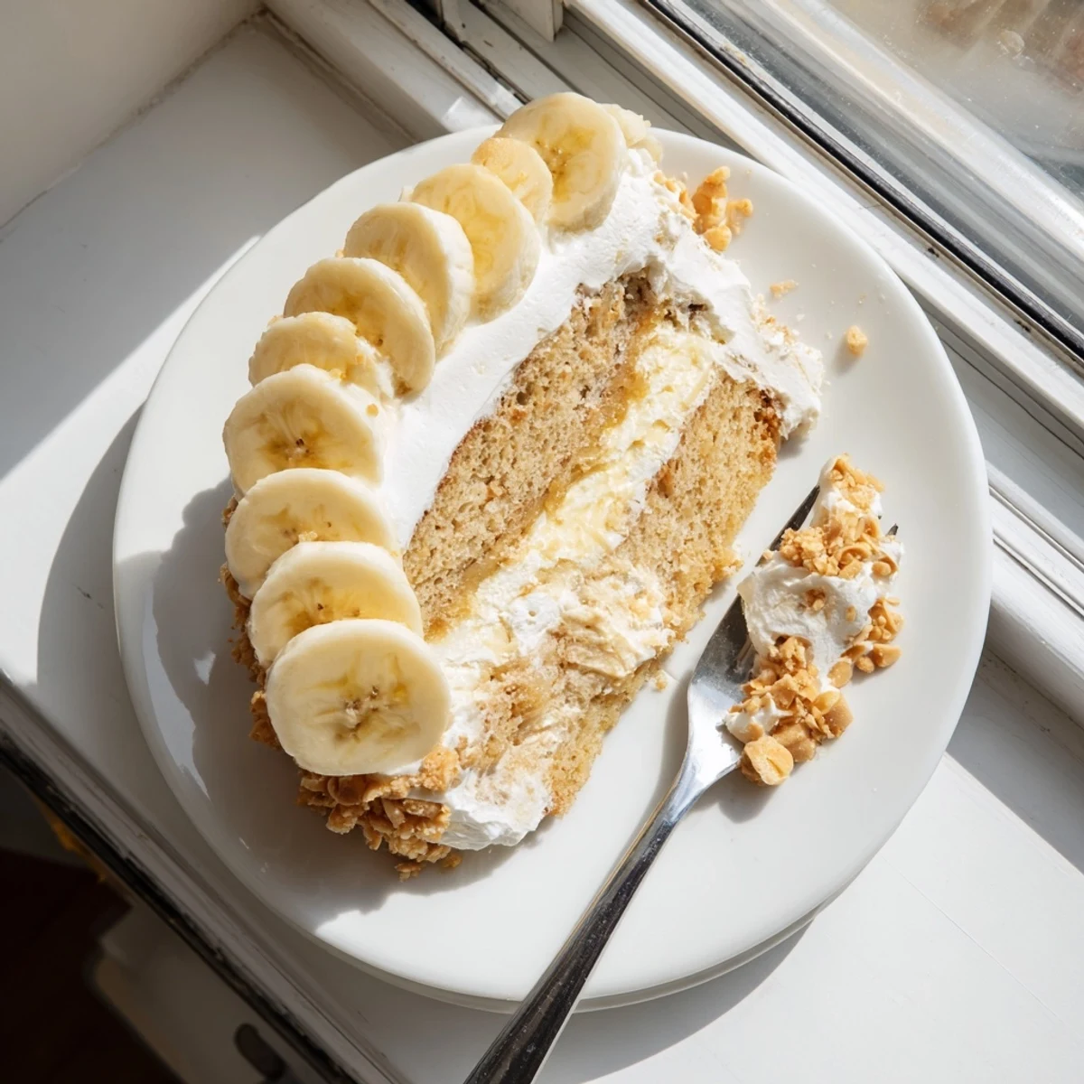 Golden banana pudding cake layered with creamy vanilla filling and fresh banana slices
