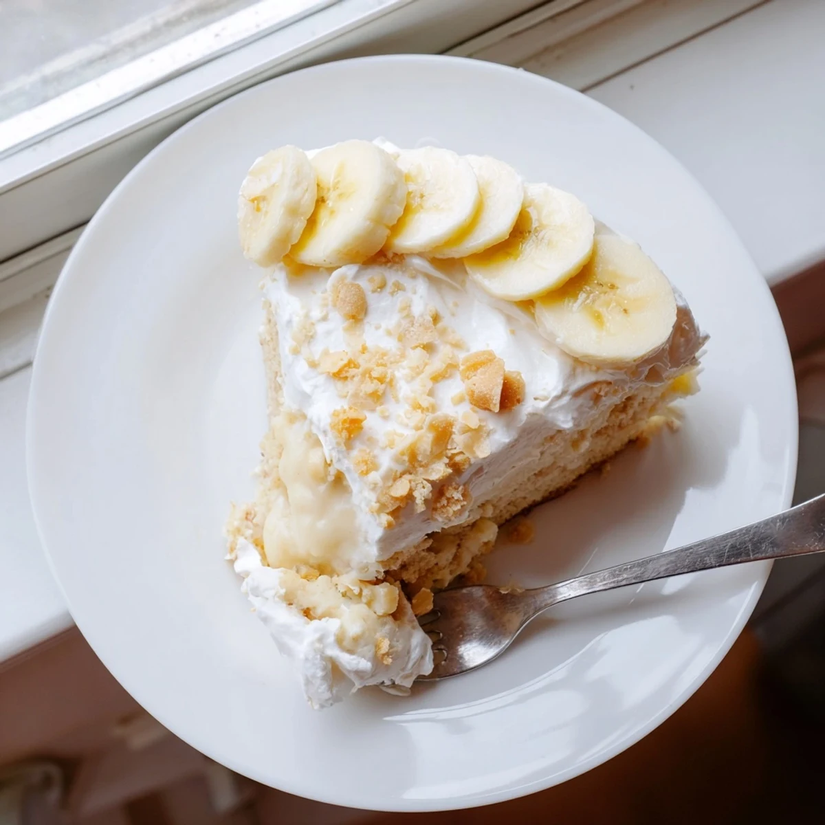 Southern-style banana pudding cake topped with whipped cream and crushed vanilla wafers