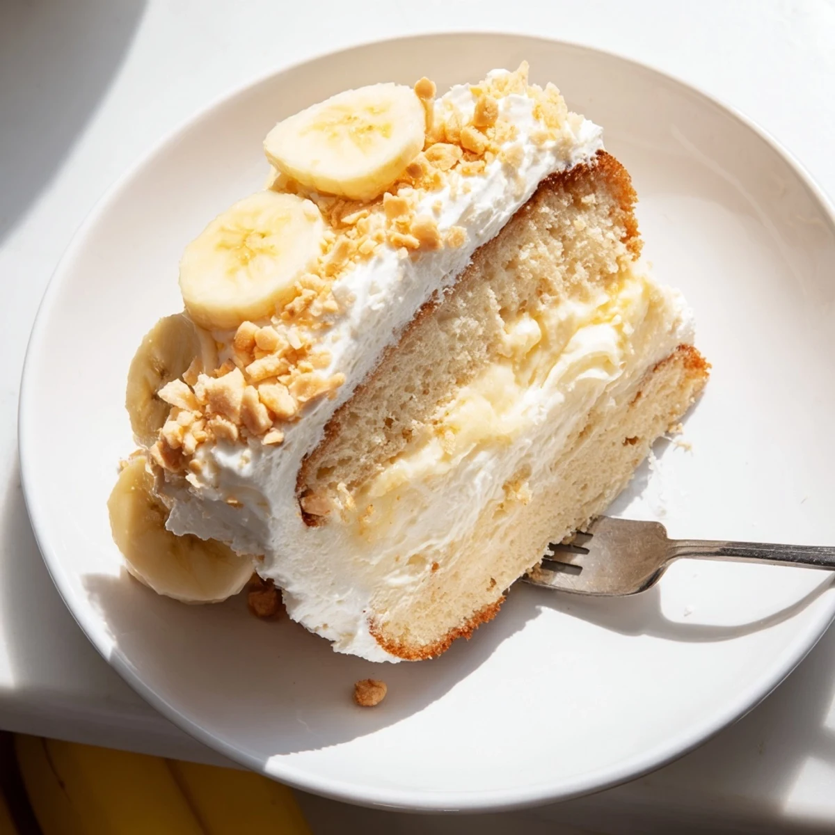 Moist banana cake layers filled with luscious pudding and garnished with cookie crumbles