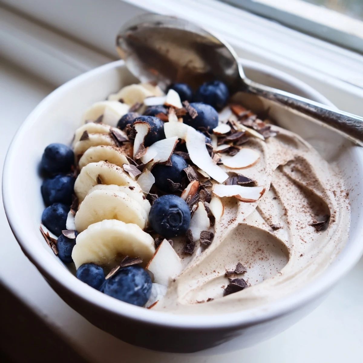Creamy healthy nice cream recipe swirled in bowls with fresh berry toppings and dark chocolate shavings