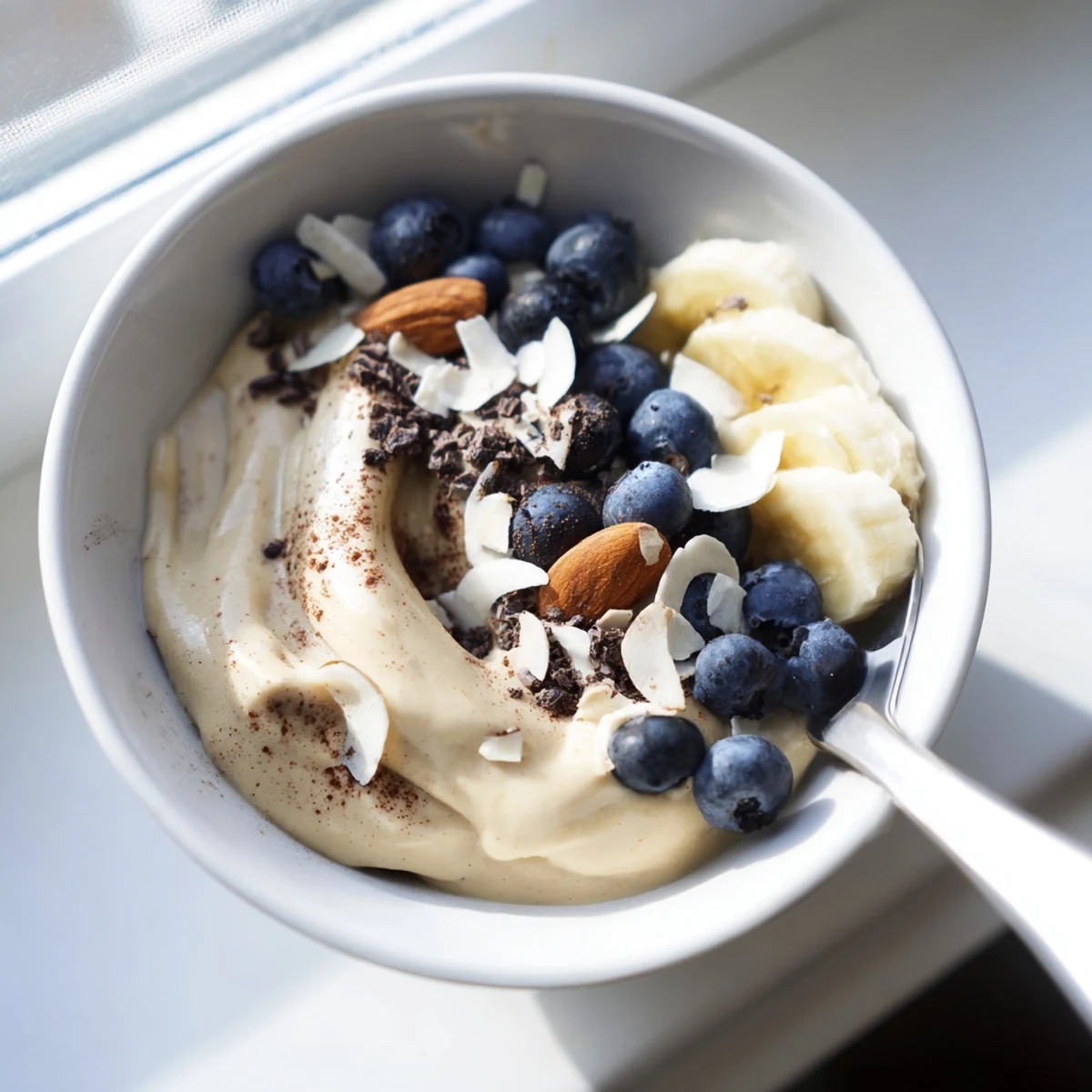 Soft-serve healthy nice cream recipe garnished with coconut flakes and sliced fresh bananas on wooden surface