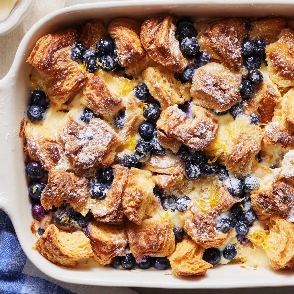 Golden blueberry cream cheese croissant casserole with powdered sugar dusting on top