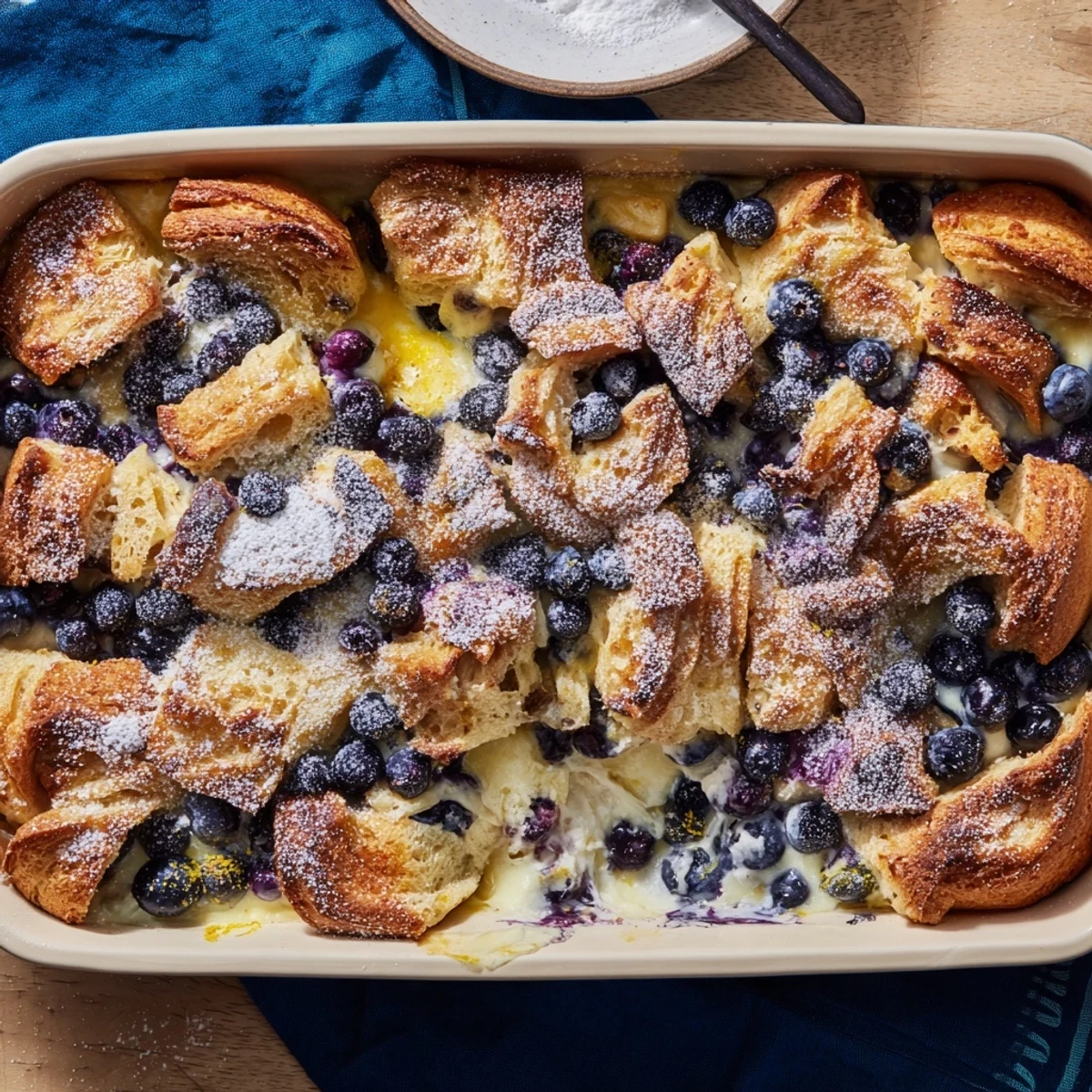 Warm breakfast bake featuring buttery croissants, sweet blueberries, and creamy custard filling