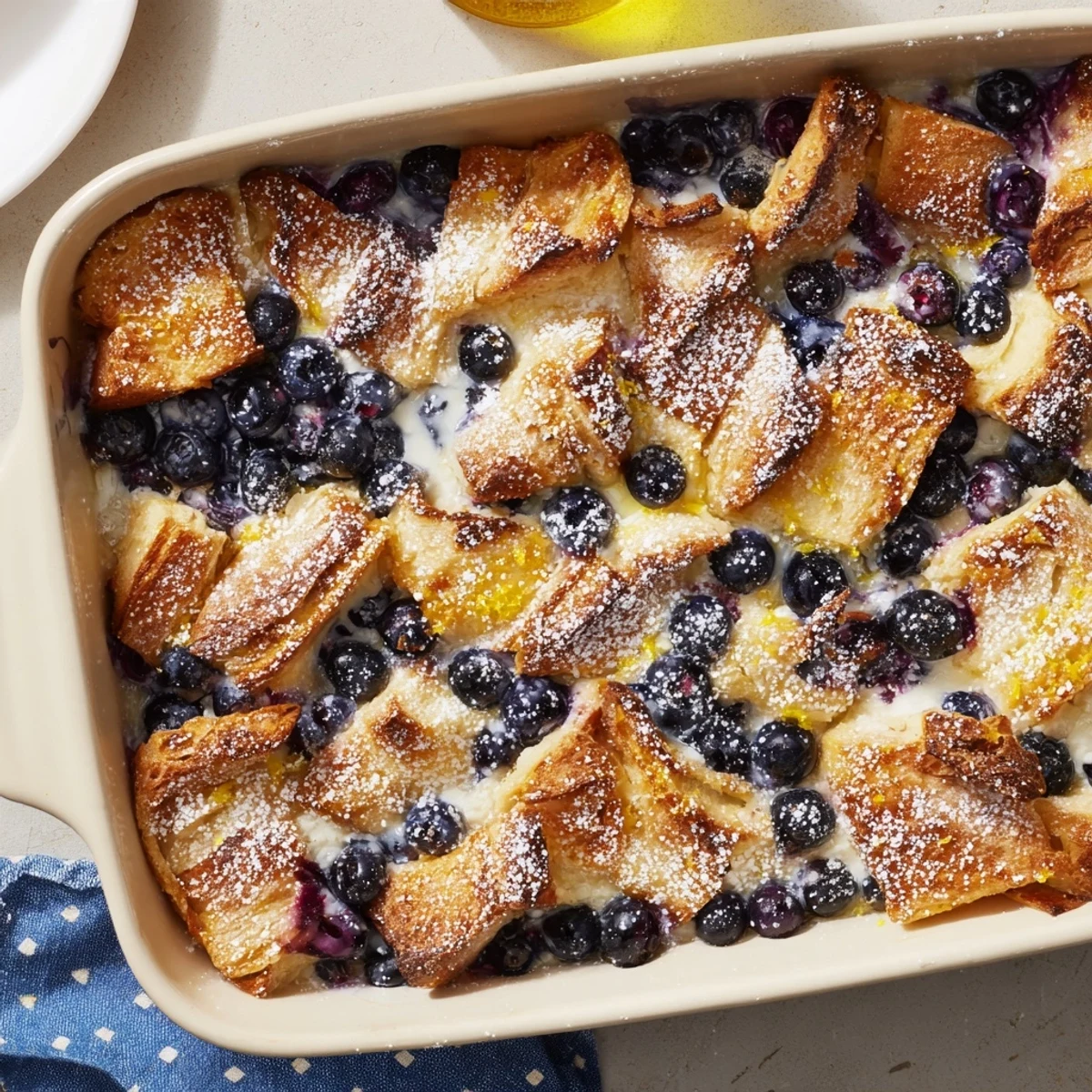 Baked blueberry cream cheese croissant casserole served fresh from the oven for brunch