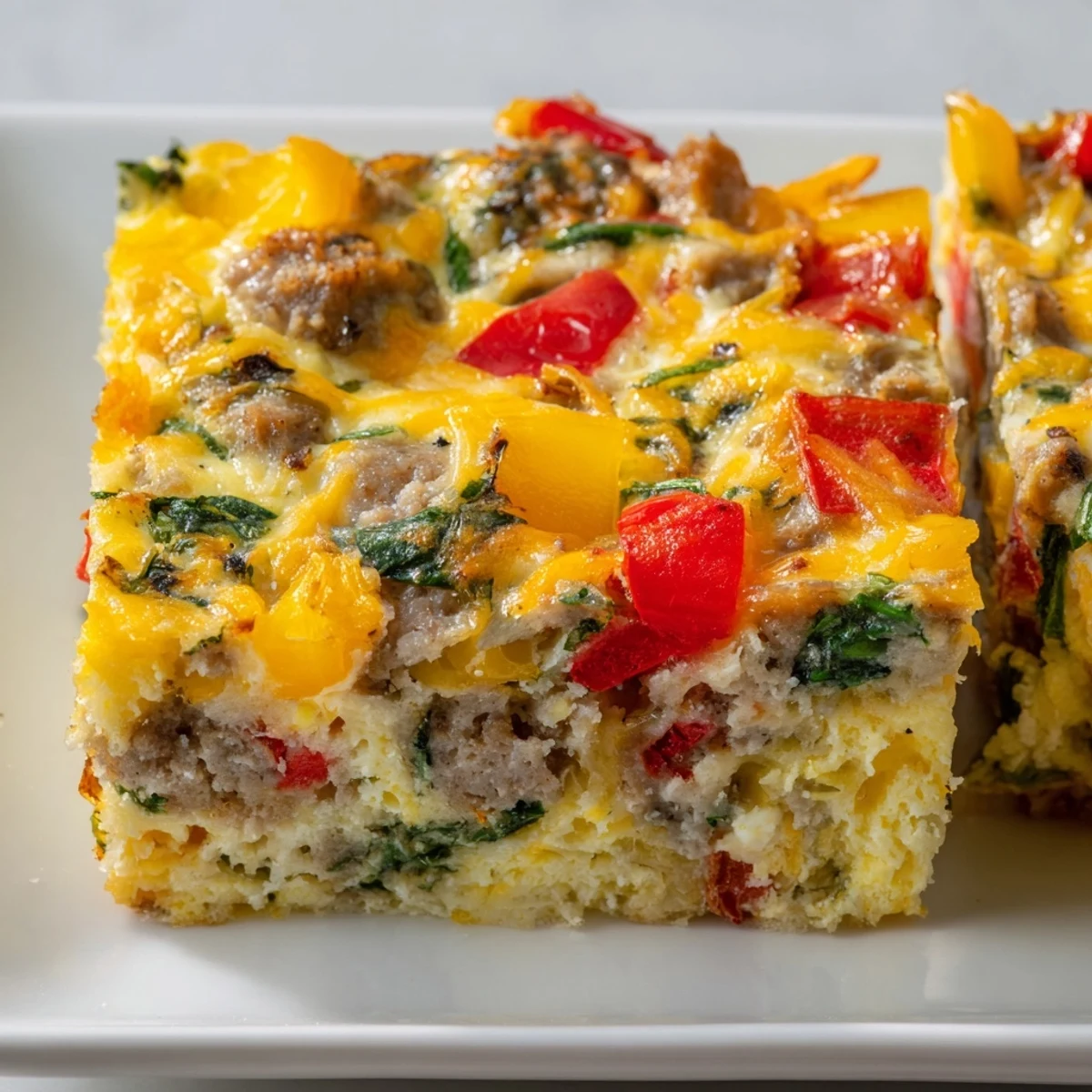 Golden high protein egg casserole with melted cheese, colorful vegetables, and turkey sausage slices