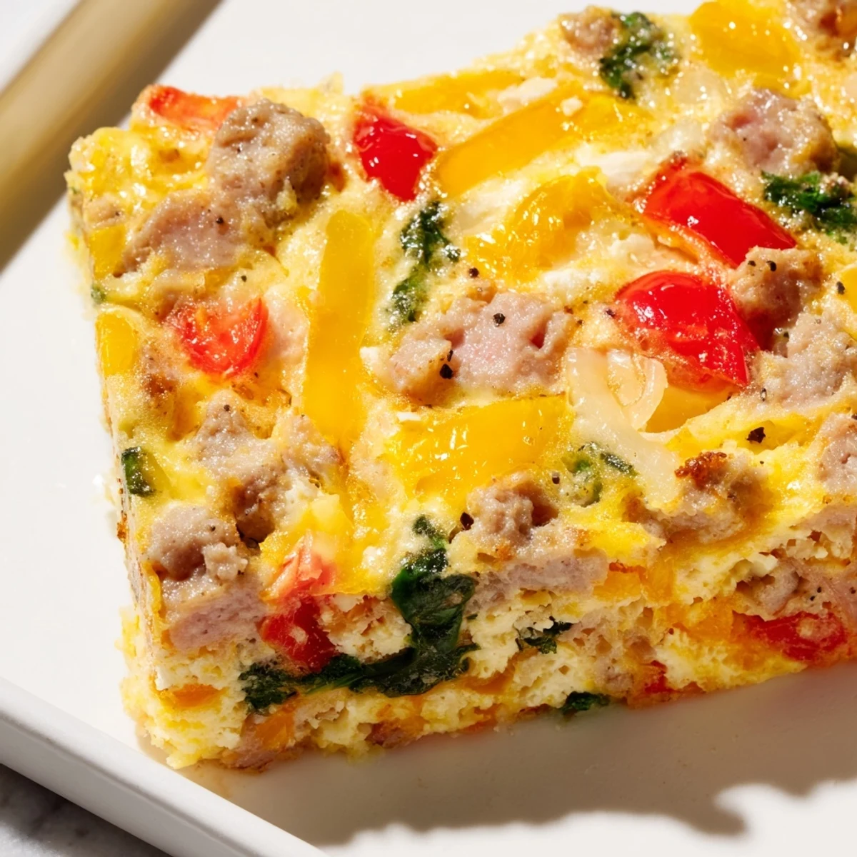 Savory breakfast high protein egg casserole baked until fluffy with spinach, peppers, and cherry tomatoes