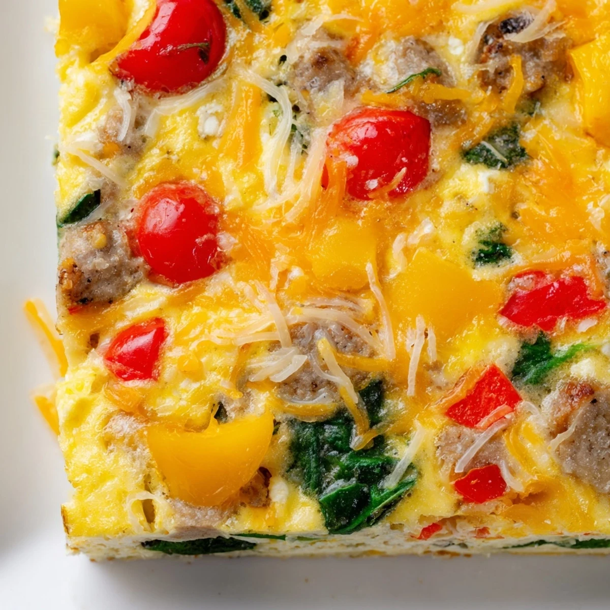 Sliced high protein egg casserole featuring fluffy eggs, cheddar cheese, and tender turkey sausage