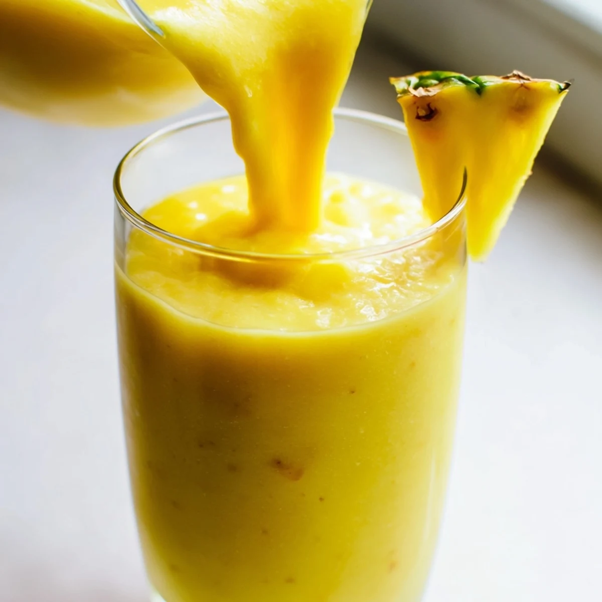 Thick and creamy tropical pineapple mango smoothie recipe poured into a glass with fresh fruit garnish