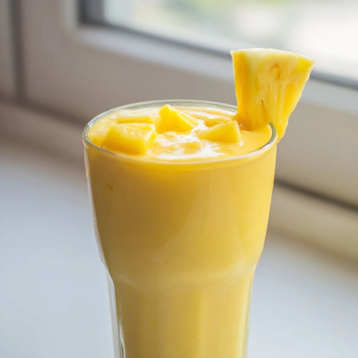 Vibrant yellow tropical pineapple mango smoothie recipe blending sweet mango chunks with tangy pineapple