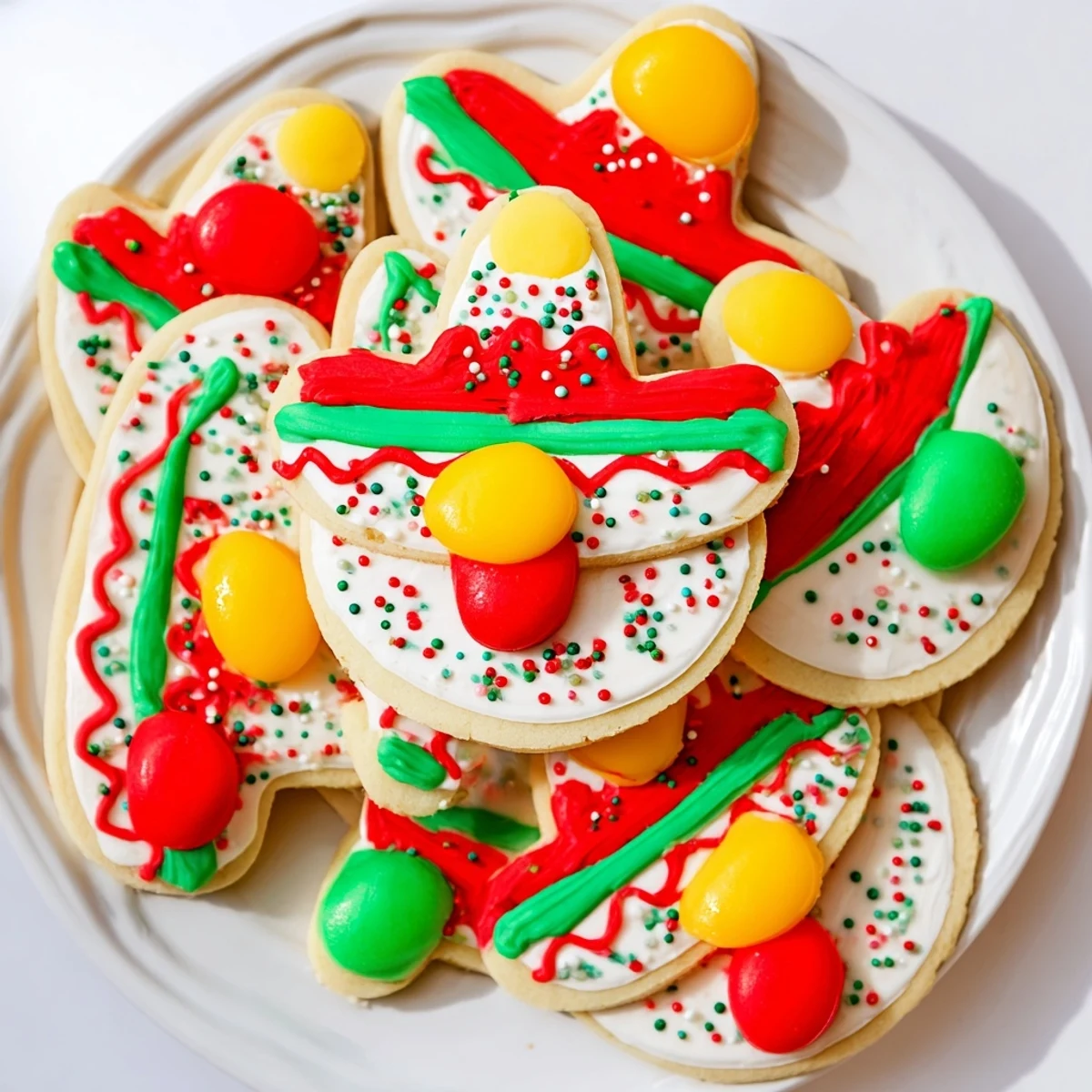 Colorful sugar cookie sombreros topped with bright frosting and round candies for Mexican celebration