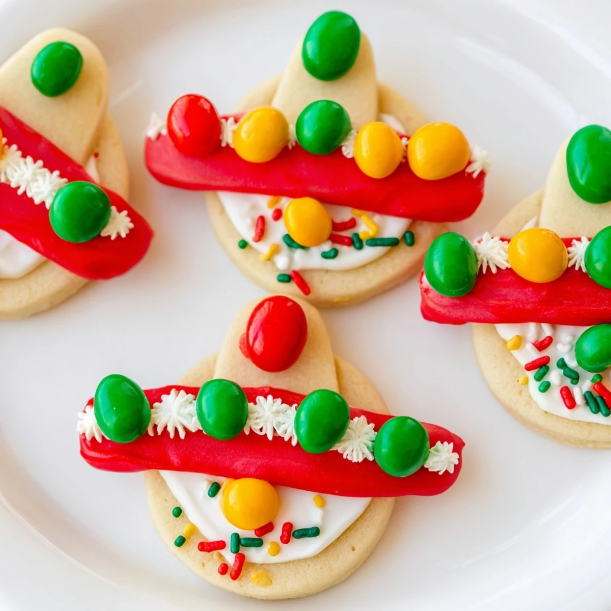 Homemade Cinco De Mayo Sombrero Cookies featuring vibrant royal icing designs and playful sprinkle decorations