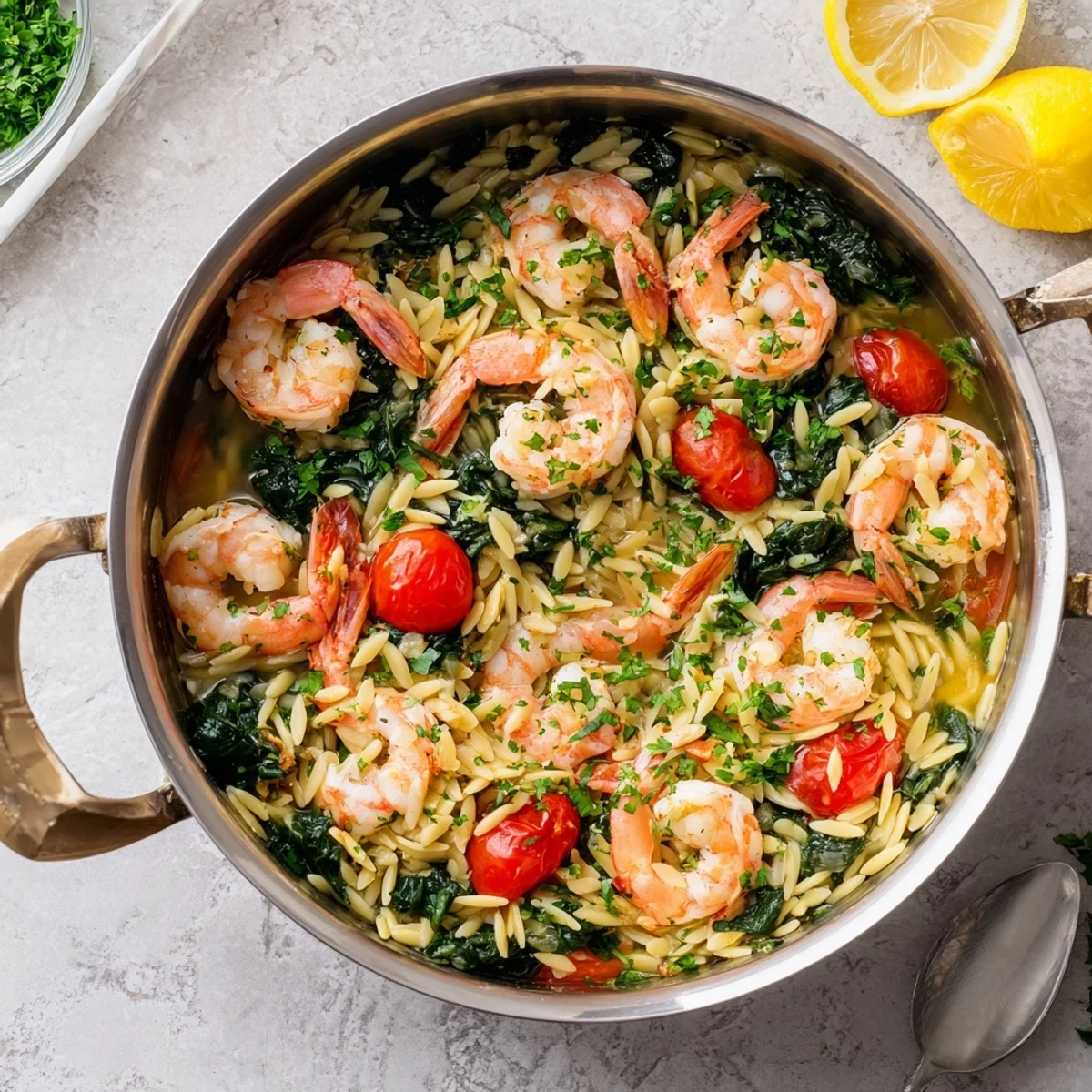 Golden lemon shrimp and orzo skillet features tender shrimp nestled in bright, herb-flecked pasta with juicy cherry tomatoes