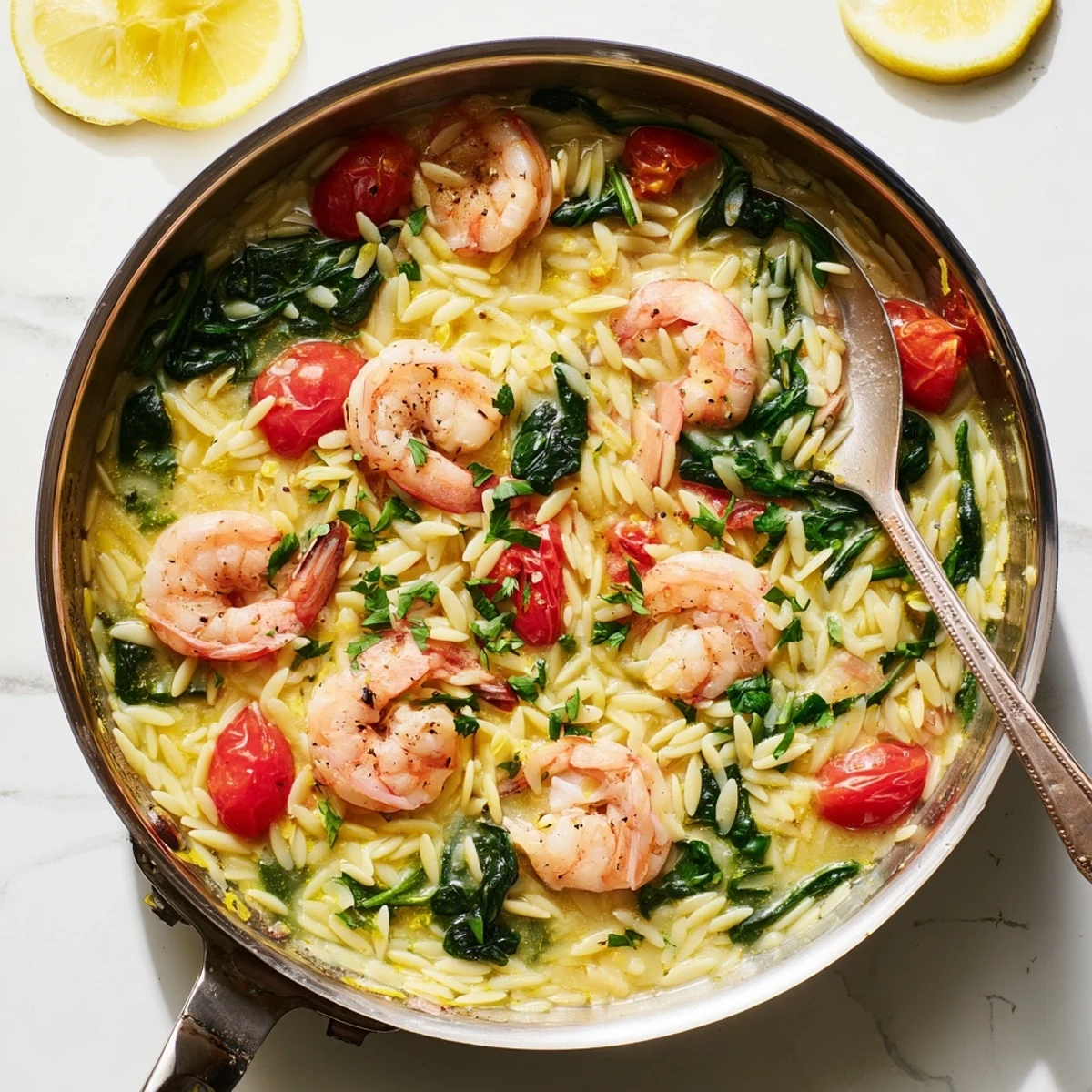 One-pan lemon shrimp and orzo skillet served steaming hot with fresh parsley garnish and lemon wedges on the side