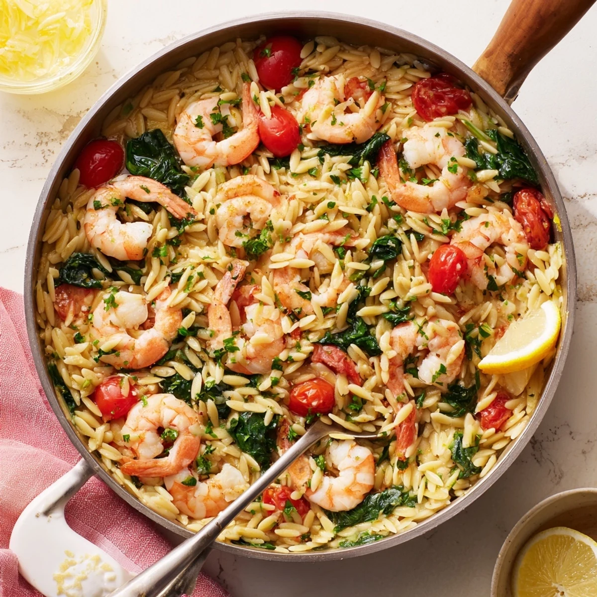 Mediterranean-style lemon shrimp and orzo skillet cooking in a deep skillet with wilted spinach and vibrant red tomatoes