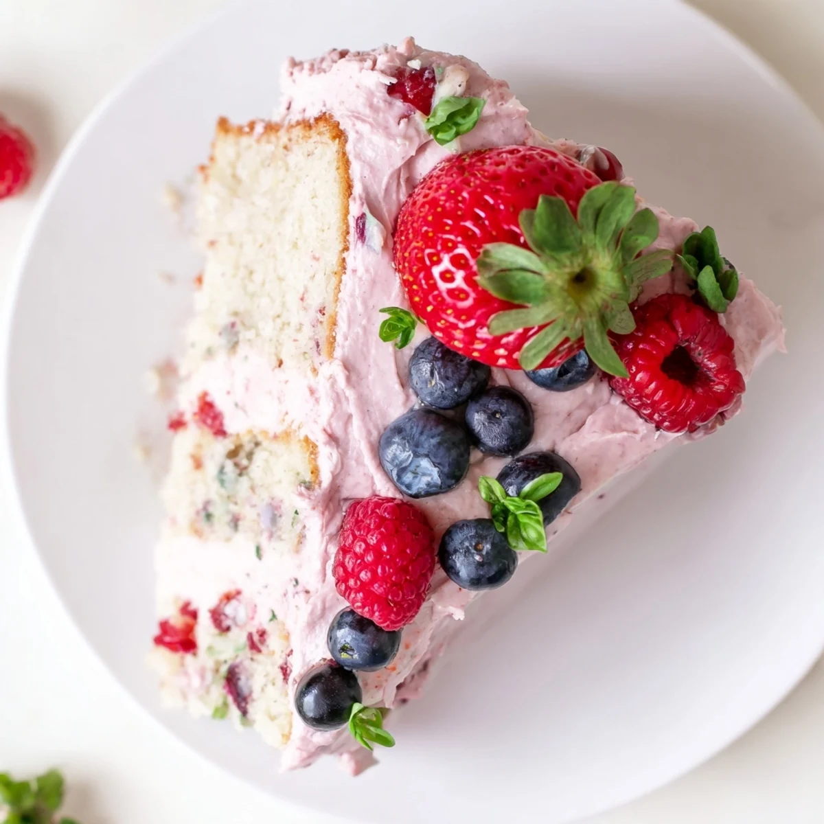 Golden basil berry cake slice topped with vibrant frosting and fresh mixed berries
