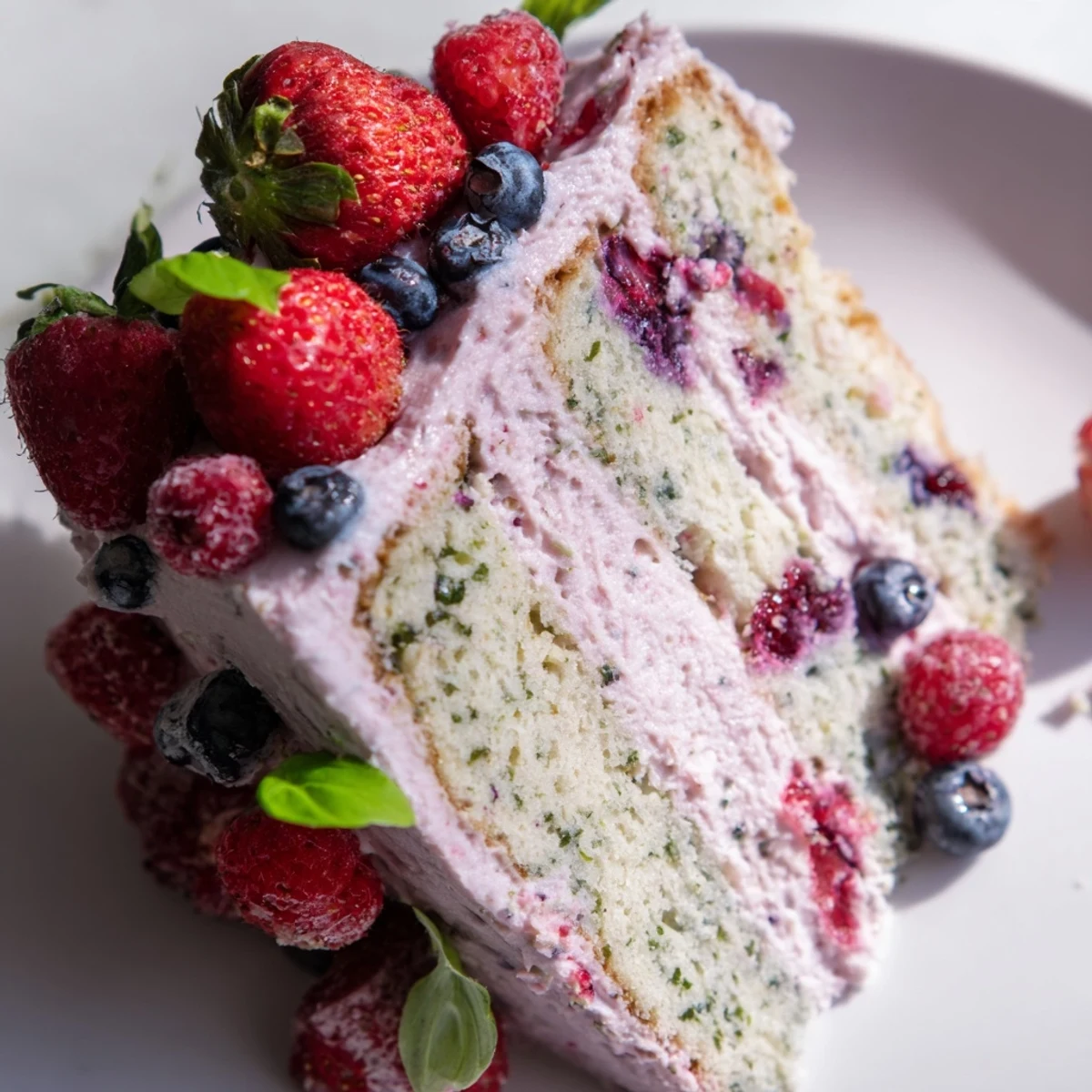 Basil berry cake with purple swirl frosting decorated with strawberries and basil leaves