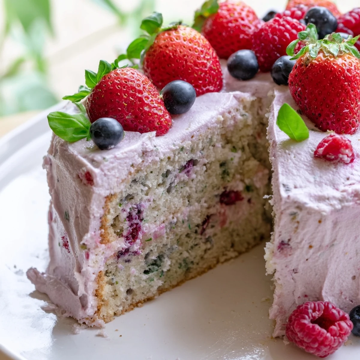 Slice of frosted basil berry cake featuring colorful berries and green herb garnish