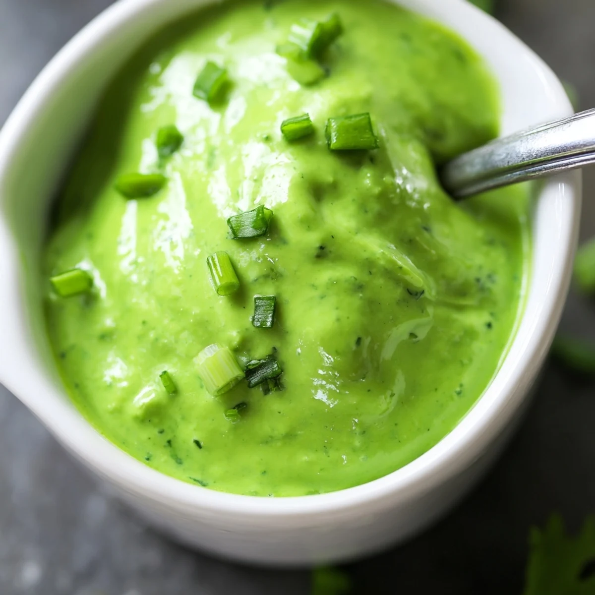 Smooth Peruvian green sauce aji verde served as dipping condiment beside crispy golden french fries