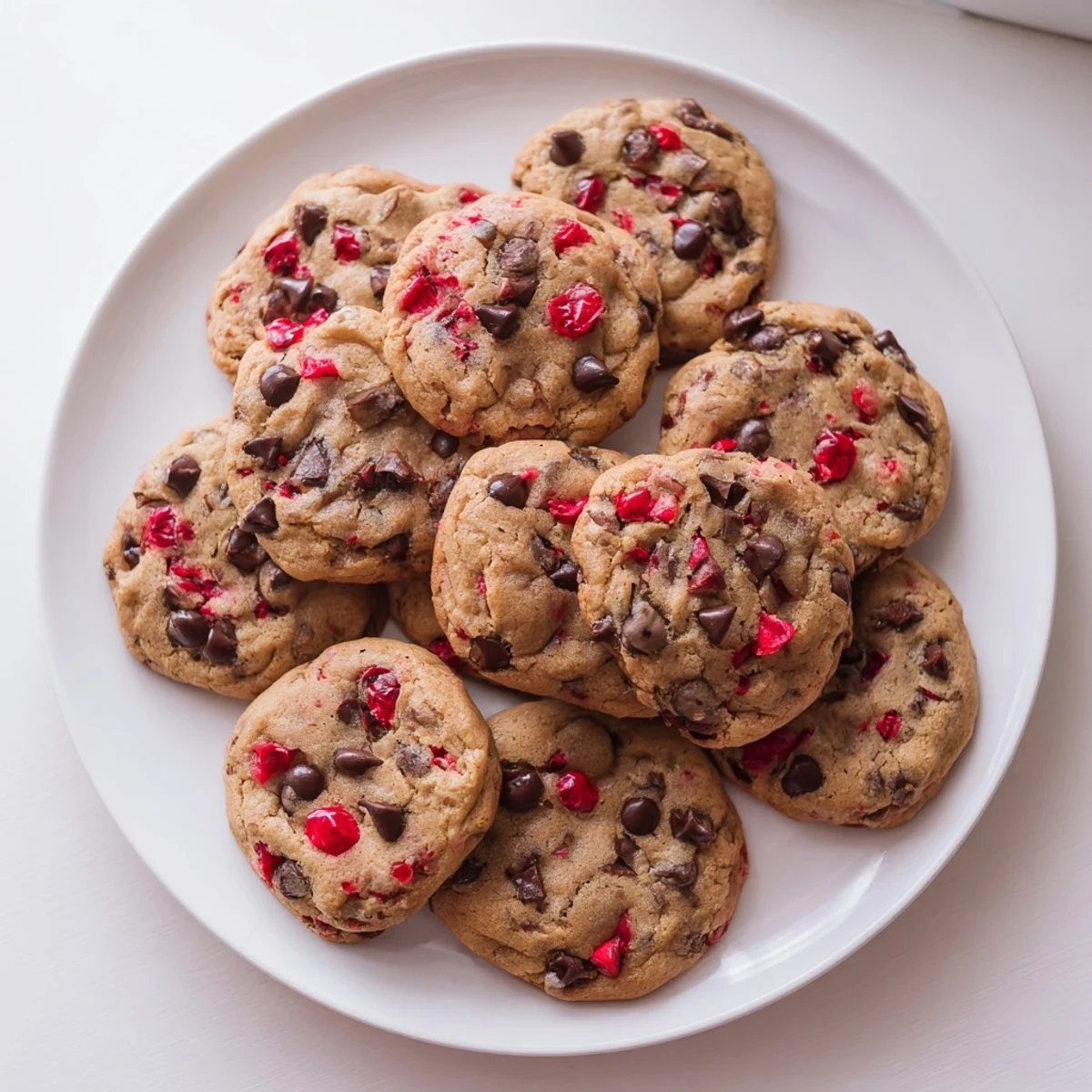 Stack of soft maraschino cherry chocolate chip cookies on a white wire cooling rack
