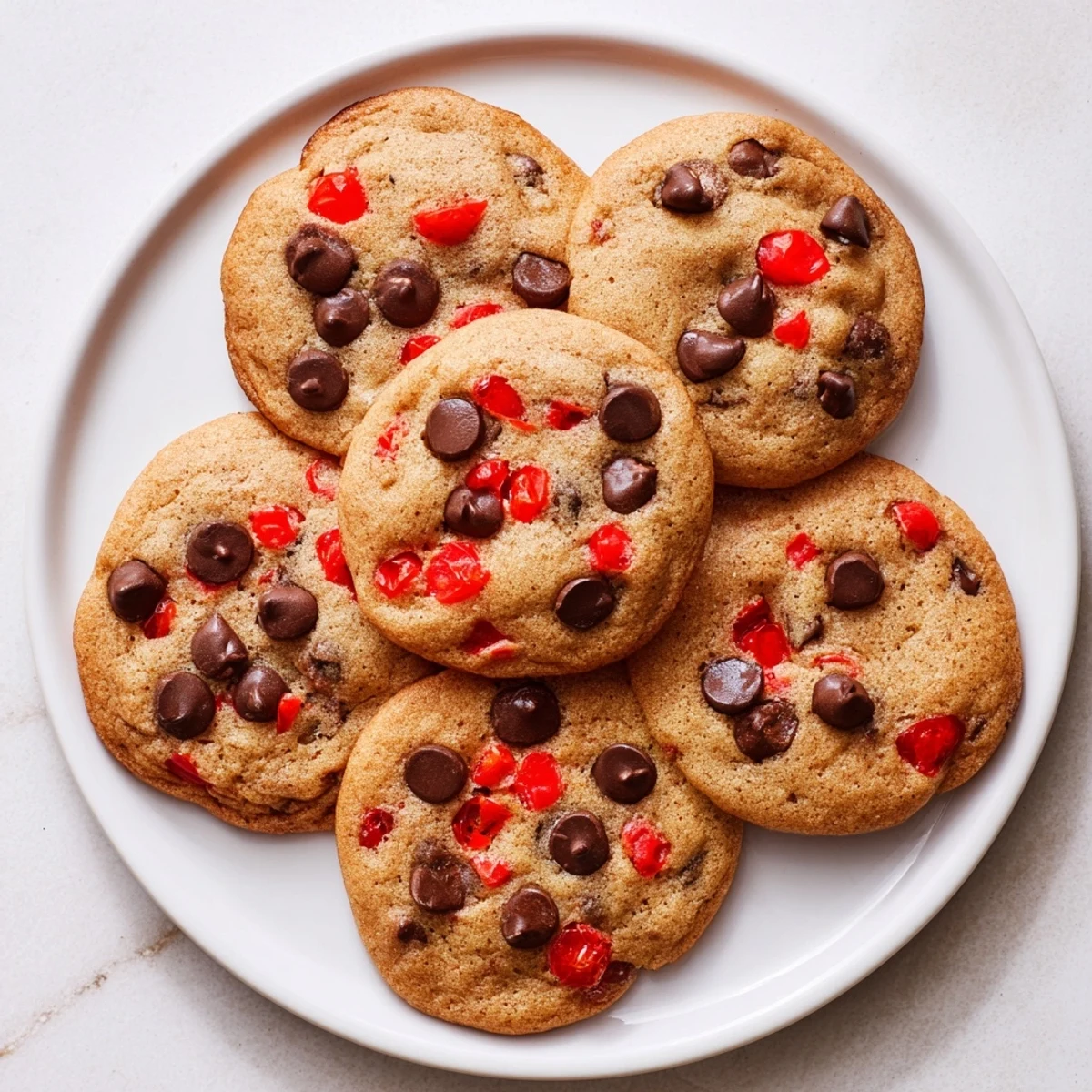 Golden maraschino cherry chocolate chip cookies fresh from the oven with melted chocolate chips
