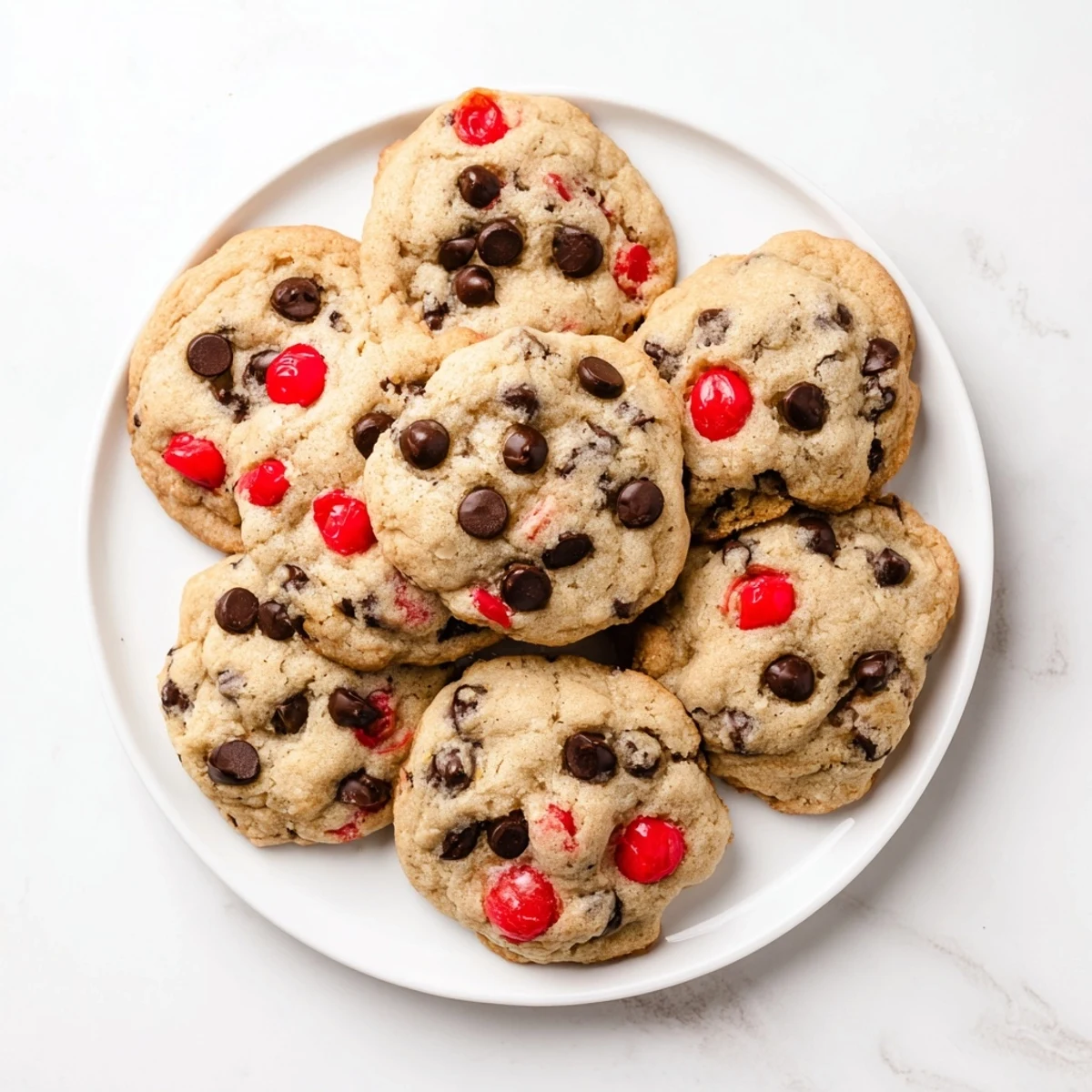 Close-up of chewy maraschino cherry chocolate chip cookies showing bright red cherry pieces and semi-sweet chocolate chunks
