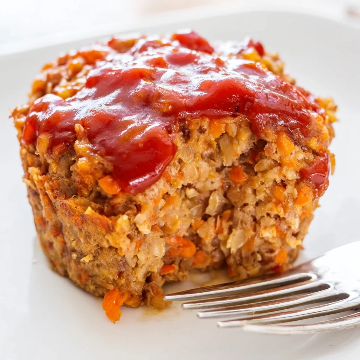 Golden brown turkey meatloaf muffins topped with glazed ketchup in a muffin tin
