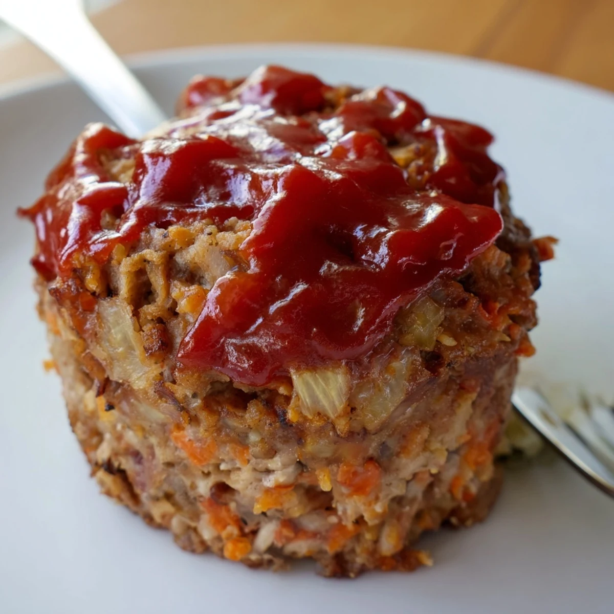 Healthy baked turkey meatloaf muffins with diced vegetables and herbs on a white plate