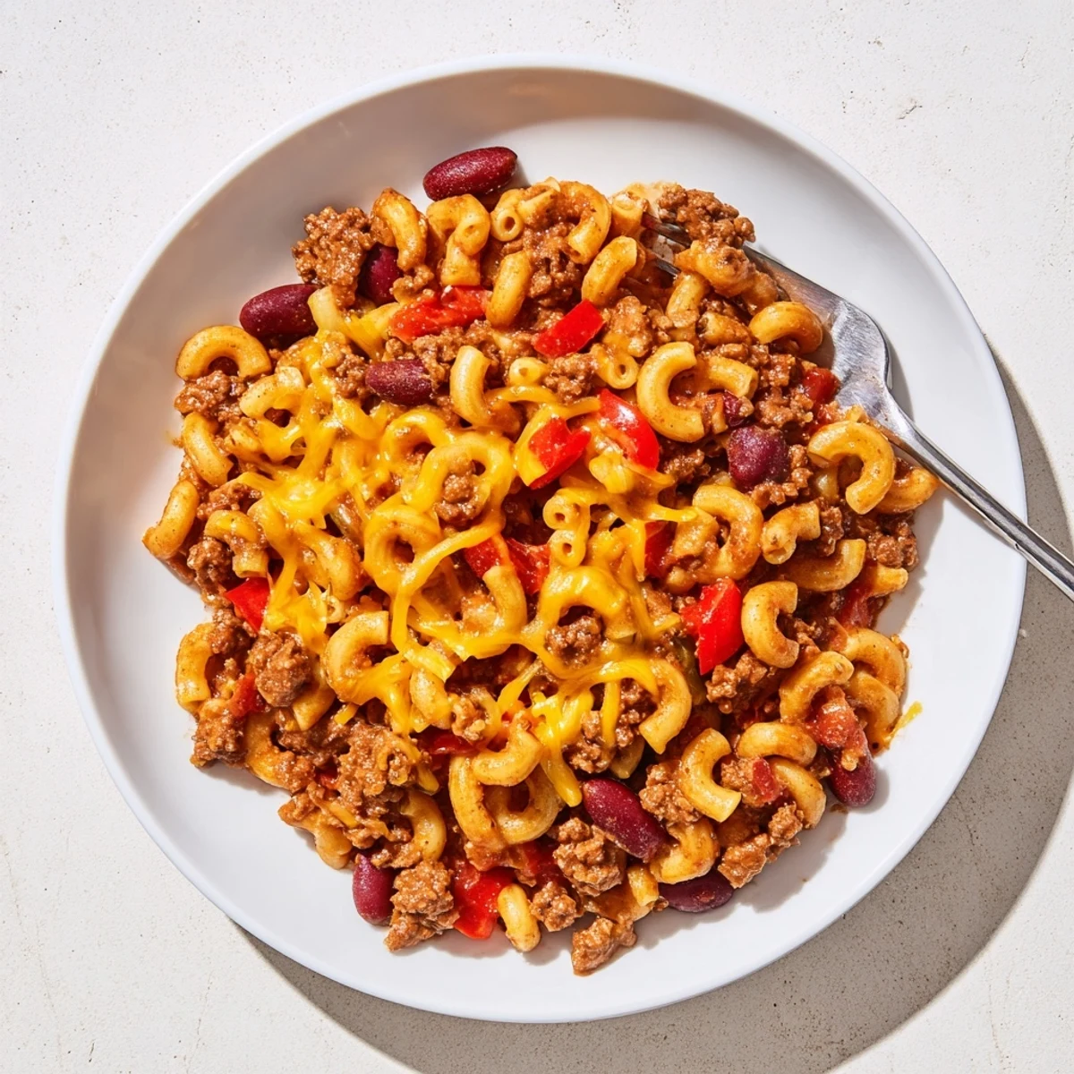 Creamy chili mac and cheese with ground beef kidney beans and pasta in rustic serving bowl