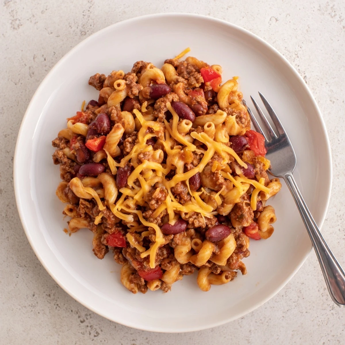 Hearty chili mac and cheese casserole with savory beef beans and cheesy breadcrumb topping