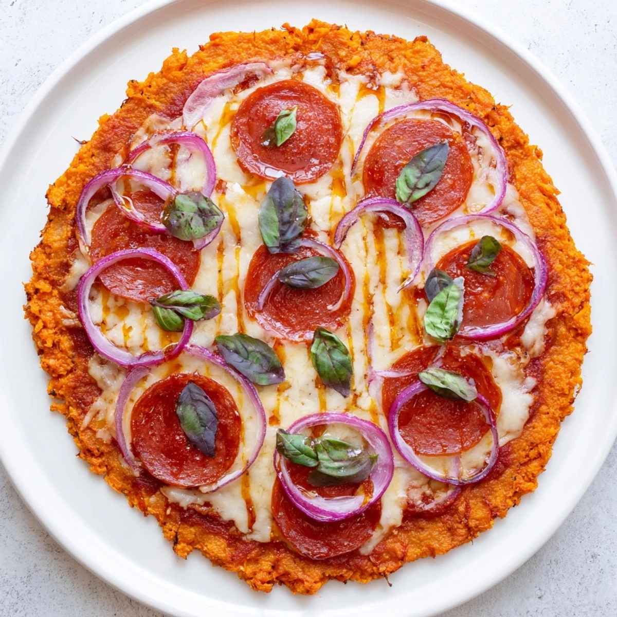 Golden pepperoni hot honey pizza with sweet potato crust drizzled in spicy honey glaze