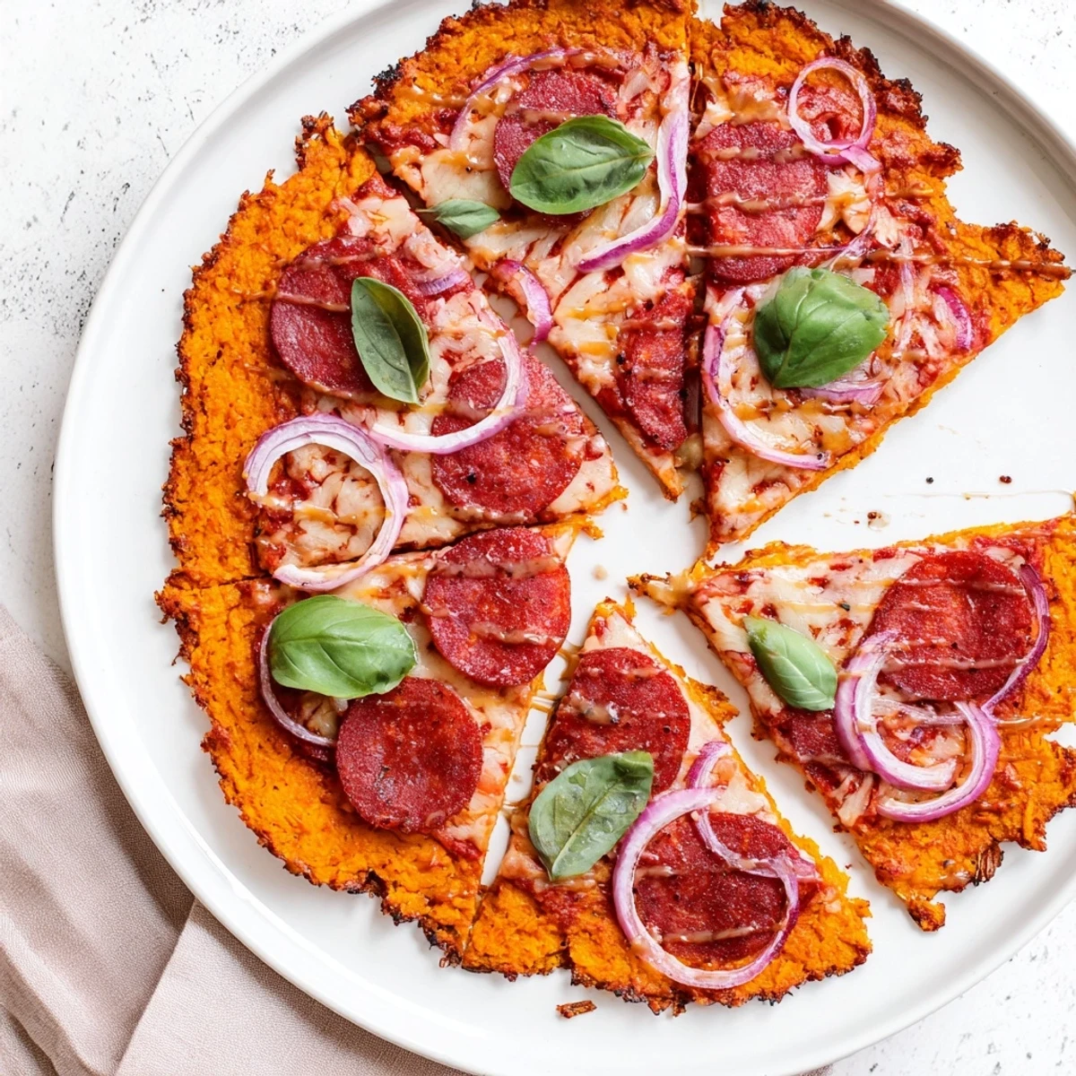 Slice of pepperoni hot honey pizza featuring sweet potato crust with hot honey drizzle