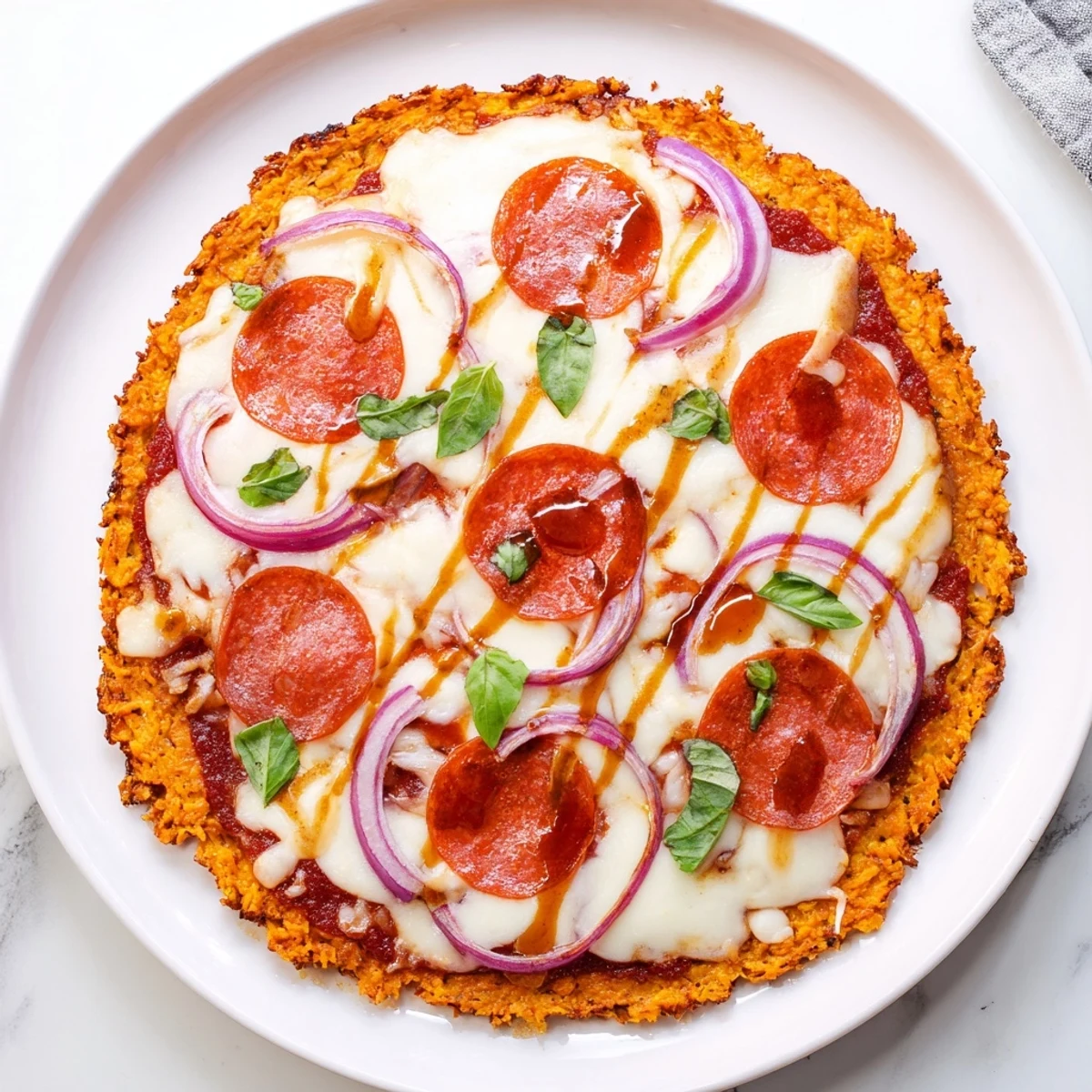 Gluten-free sweet potato crust pizza topped with bubbling mozzarella pepperoni and red onion slices