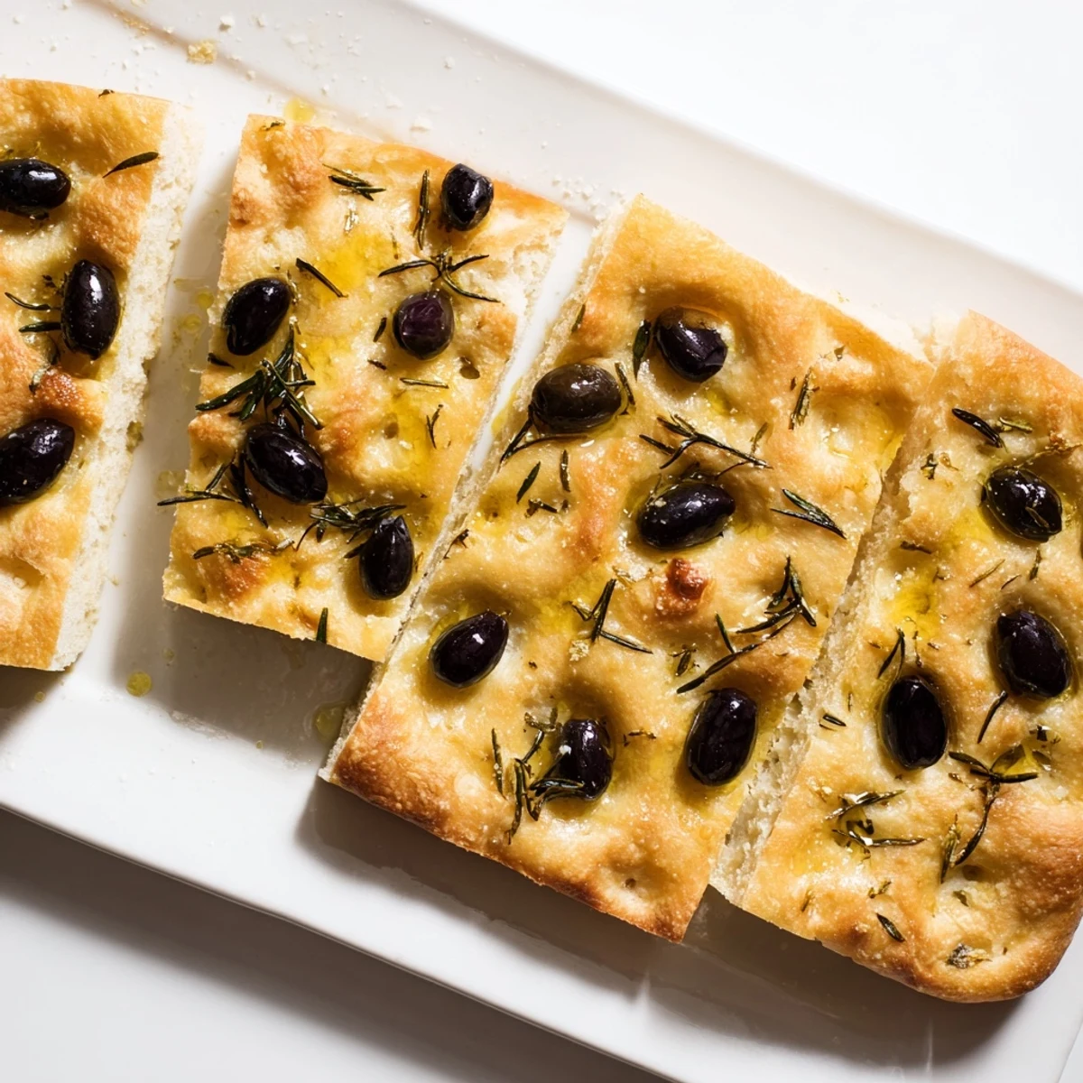 Crispy focaccia bread drizzled with olive oil and fragrant herbs, perfectly baked to golden brown perfection