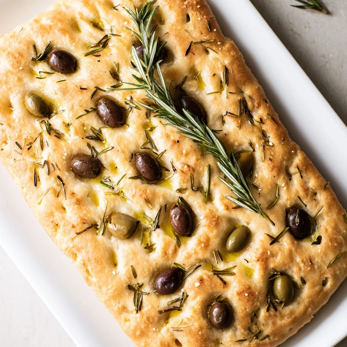 Golden homemade Italian focaccia topped with fresh rosemary and flaky sea salt on a rustic wooden board