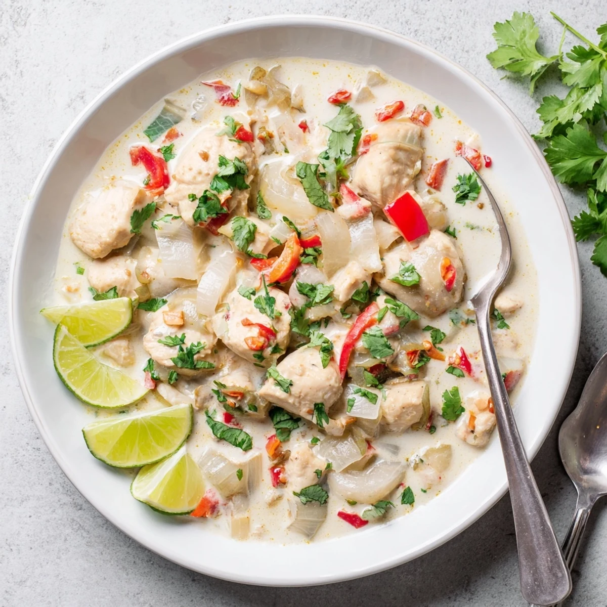 Creamy spicy Brazilian coconut chicken served in a shallow bowl over steamed white rice with lime wedges on the side