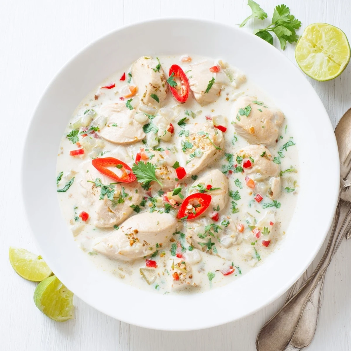 Golden chicken pieces simmer in rich white coconut sauce flecked with vibrant red bell pepper and fresh green cilantro garnish