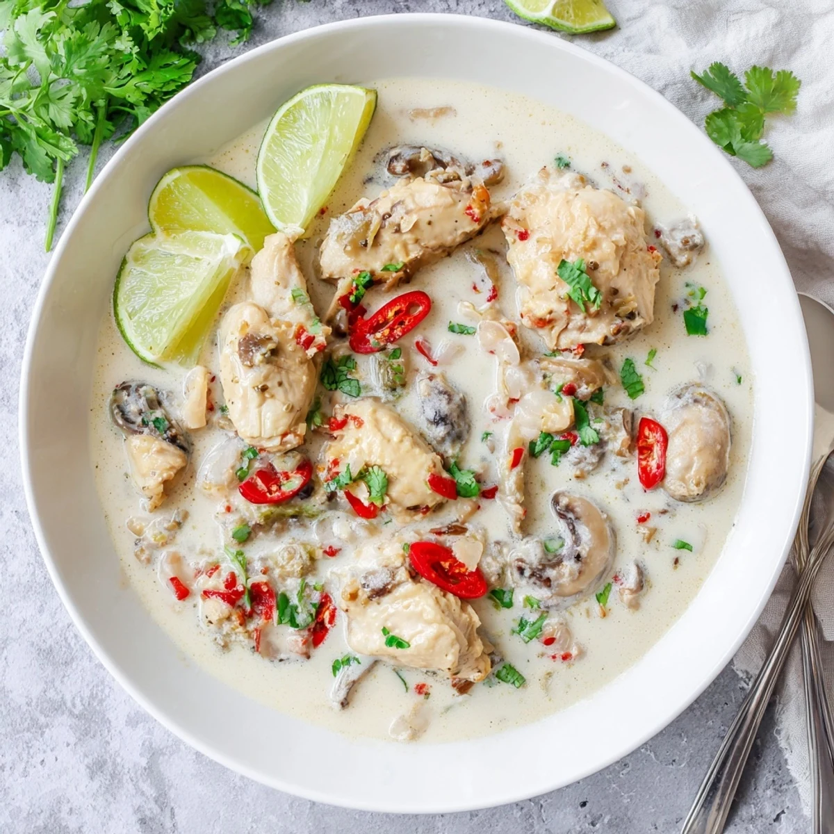 Tender chicken thighs coated in golden spices swimming in a luscious coconut milk broth with chopped fresh herbs scattered on top