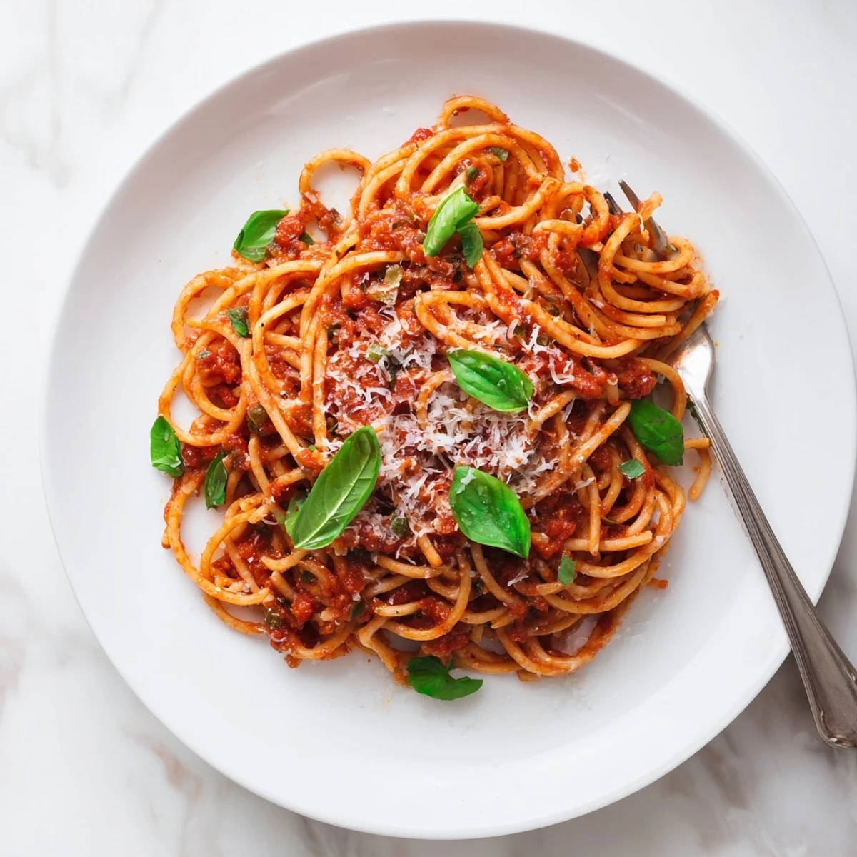 Classic Italian pasta dish featuring tender noodles coated in rich homemade tomato sauce with fresh basil garnish