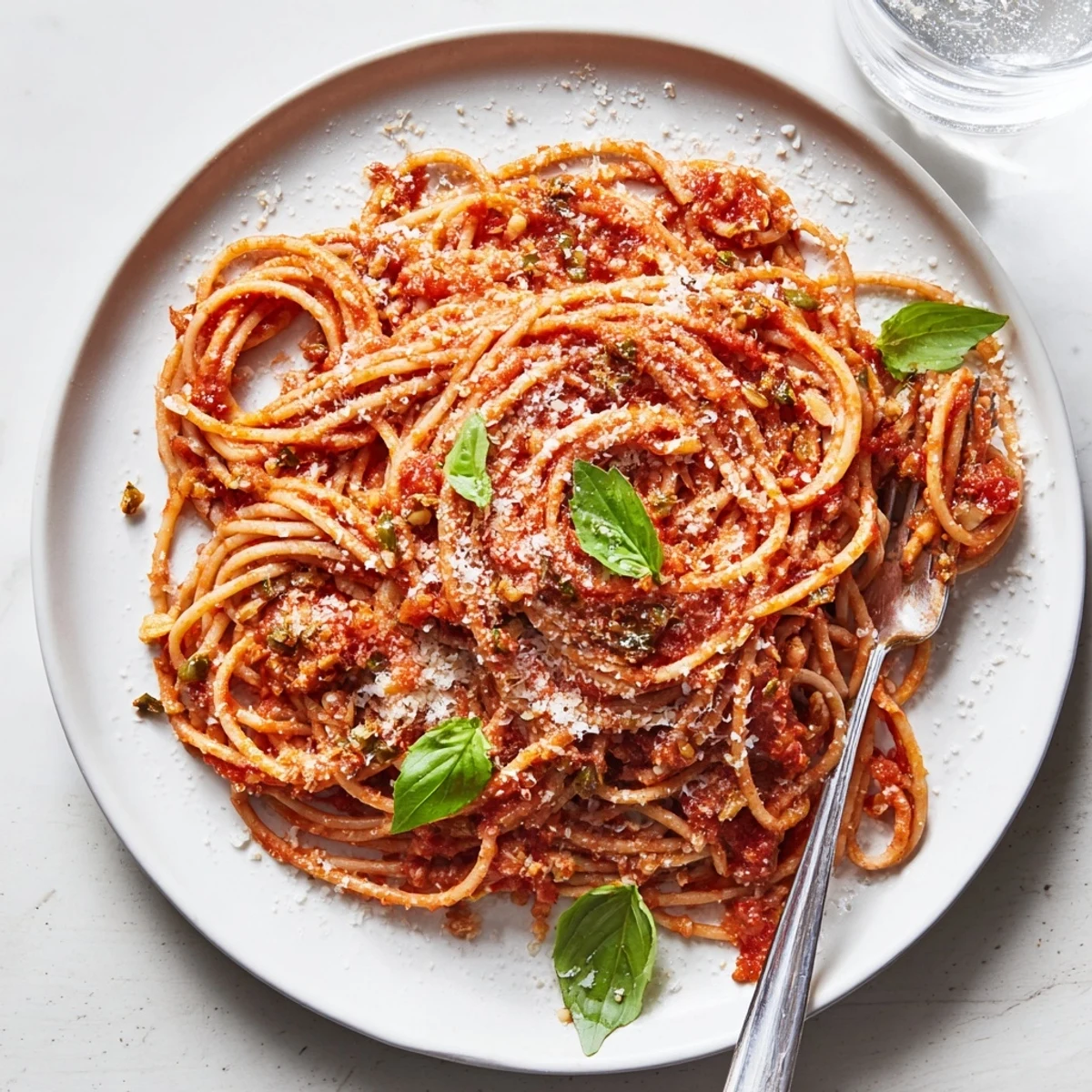 Steaming bowl of pasta tossed with savory tomato sauce, grated Parmesan cheese, and aromatic herbs
