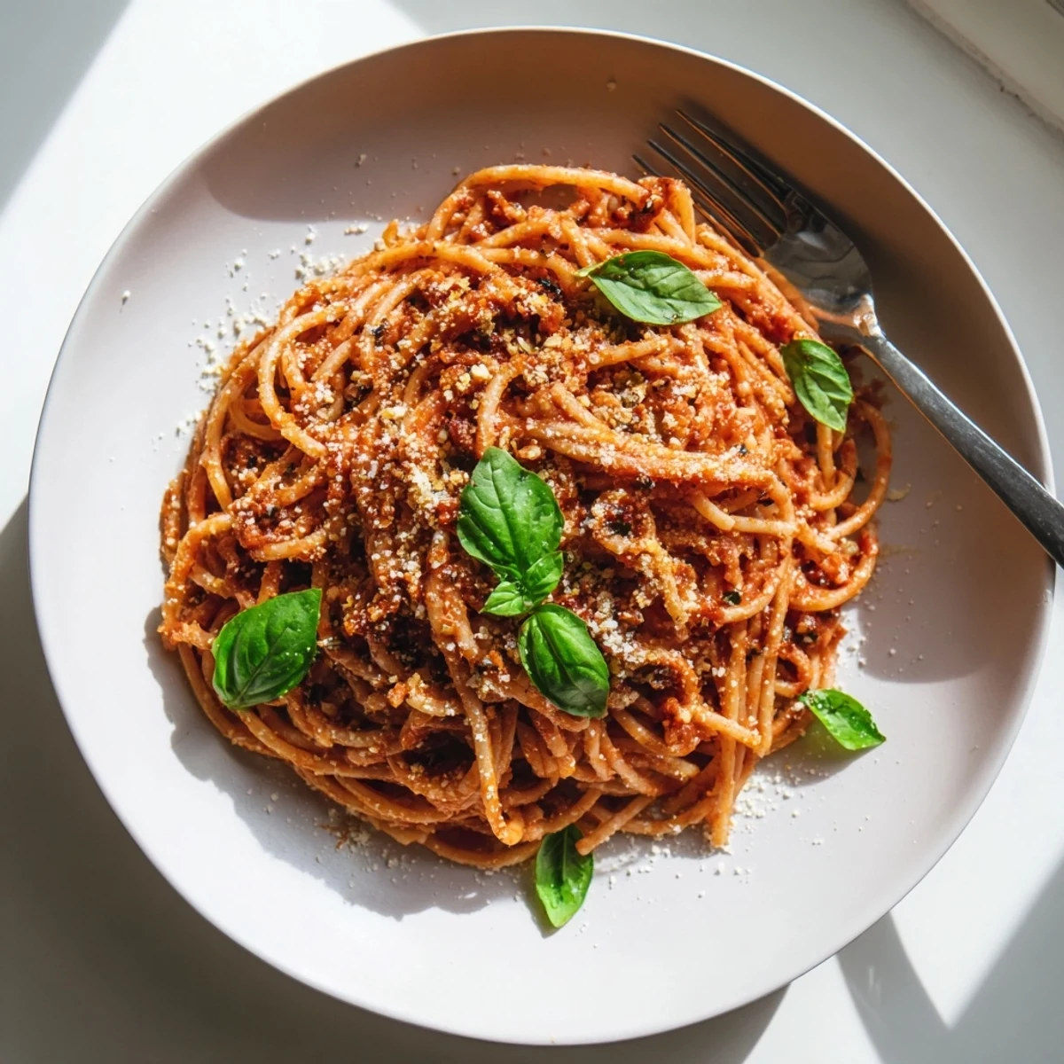 Simple tomato pasta recipe showing al dente noodles smothered in flavorful red sauce with basil sprinkled on top
