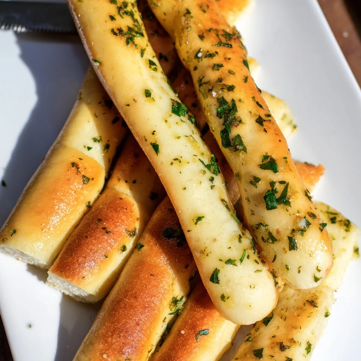 Golden homemade garlic breadsticks brushed with melted butter and fresh parsley