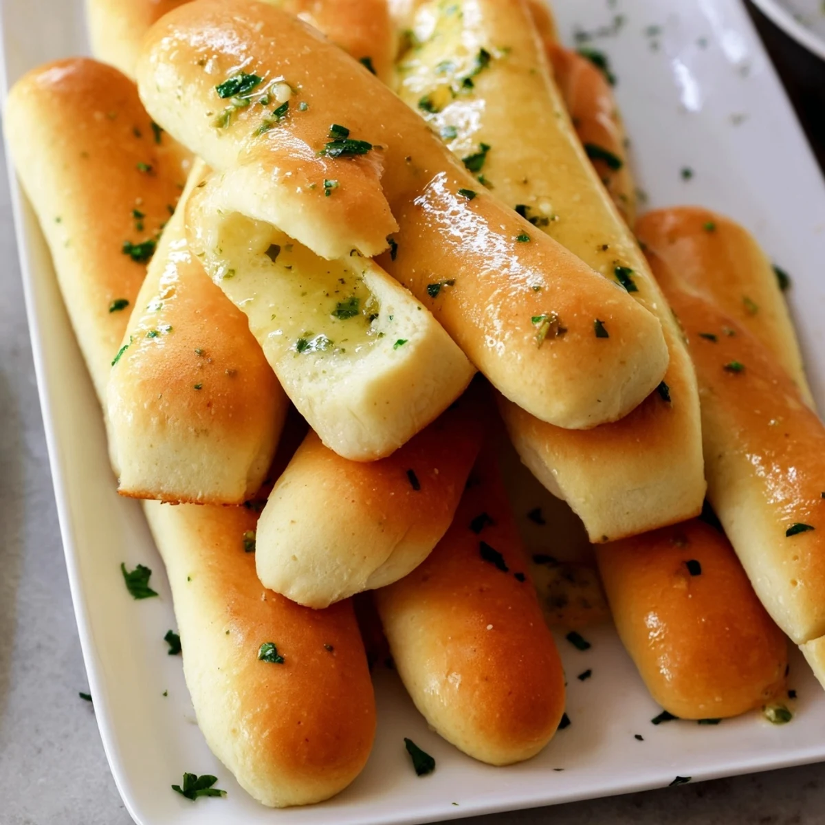 Soft fluffy garlic breadsticks freshly baked with herb butter coating