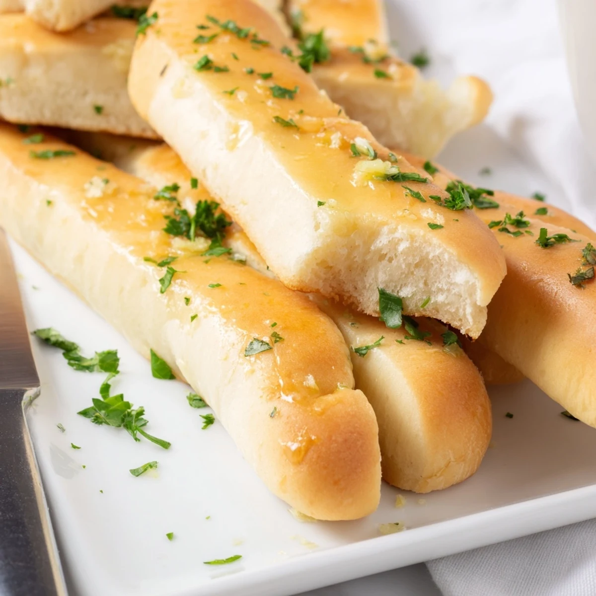Warm Italian garlic breadsticks served on a wooden board with herb garnish