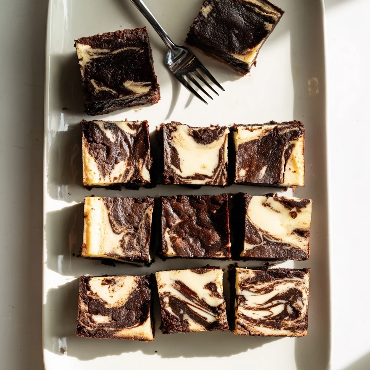 Golden brown sourdough cheesecake brownie bars sliced into squares with marbled vanilla and chocolate