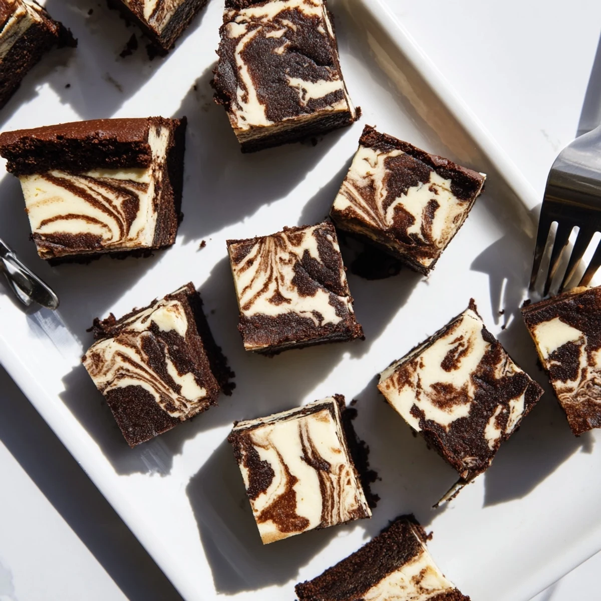 Freshly baked sourdough cheesecake brownie bars cooling in pan with distinct cheesecake and brownie swirls