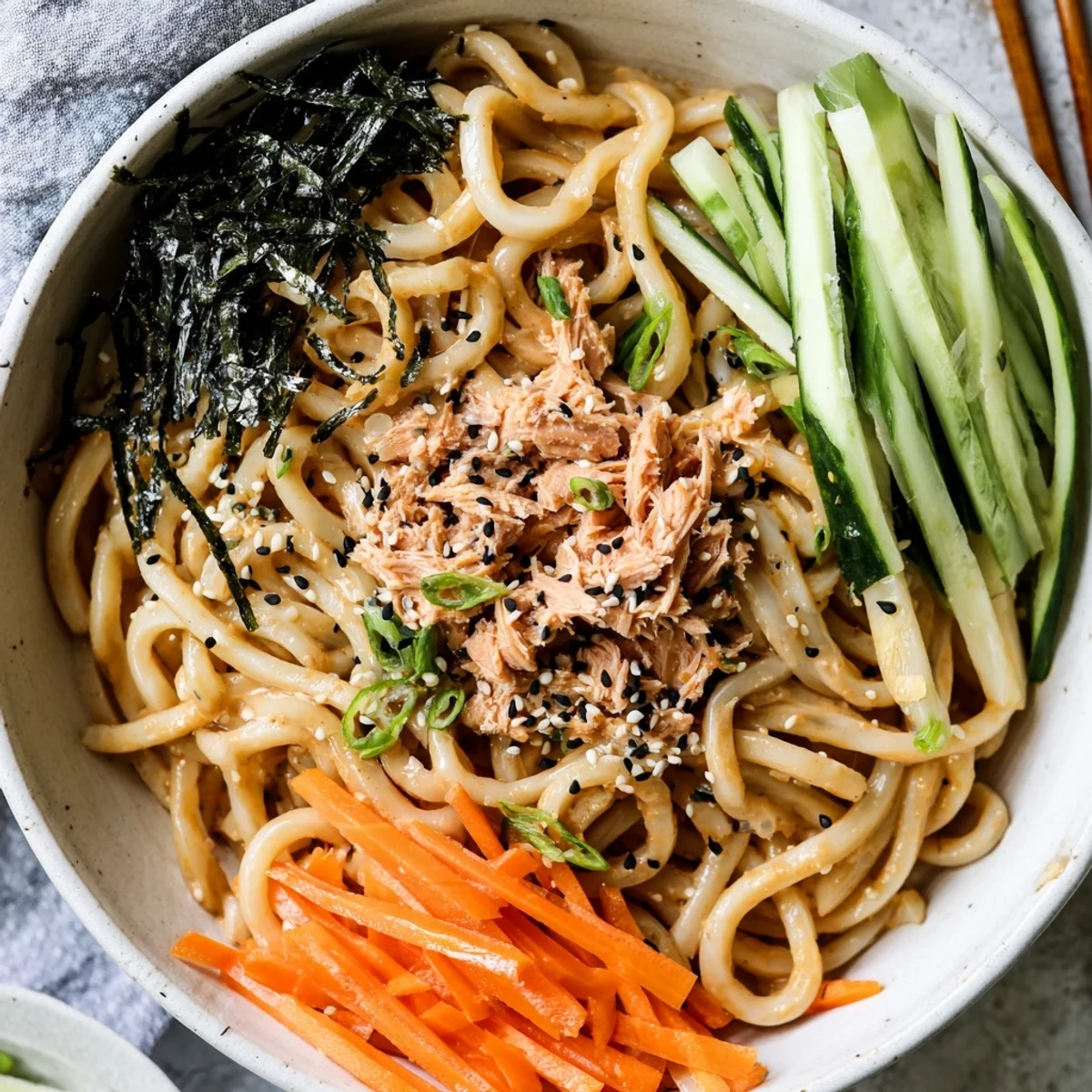 Japanese-style spicy tuna udon topped with fresh cucumber, carrot, and nori strips