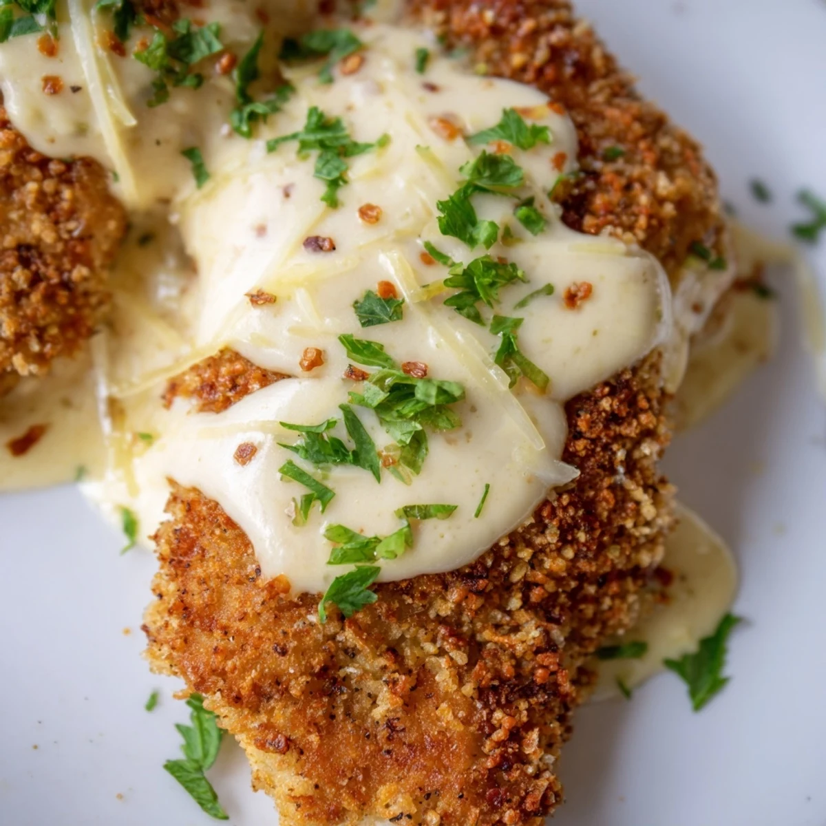 Golden brown crispy chicken breasts drizzled with velvety Parmesan creamy sauce on a white plate