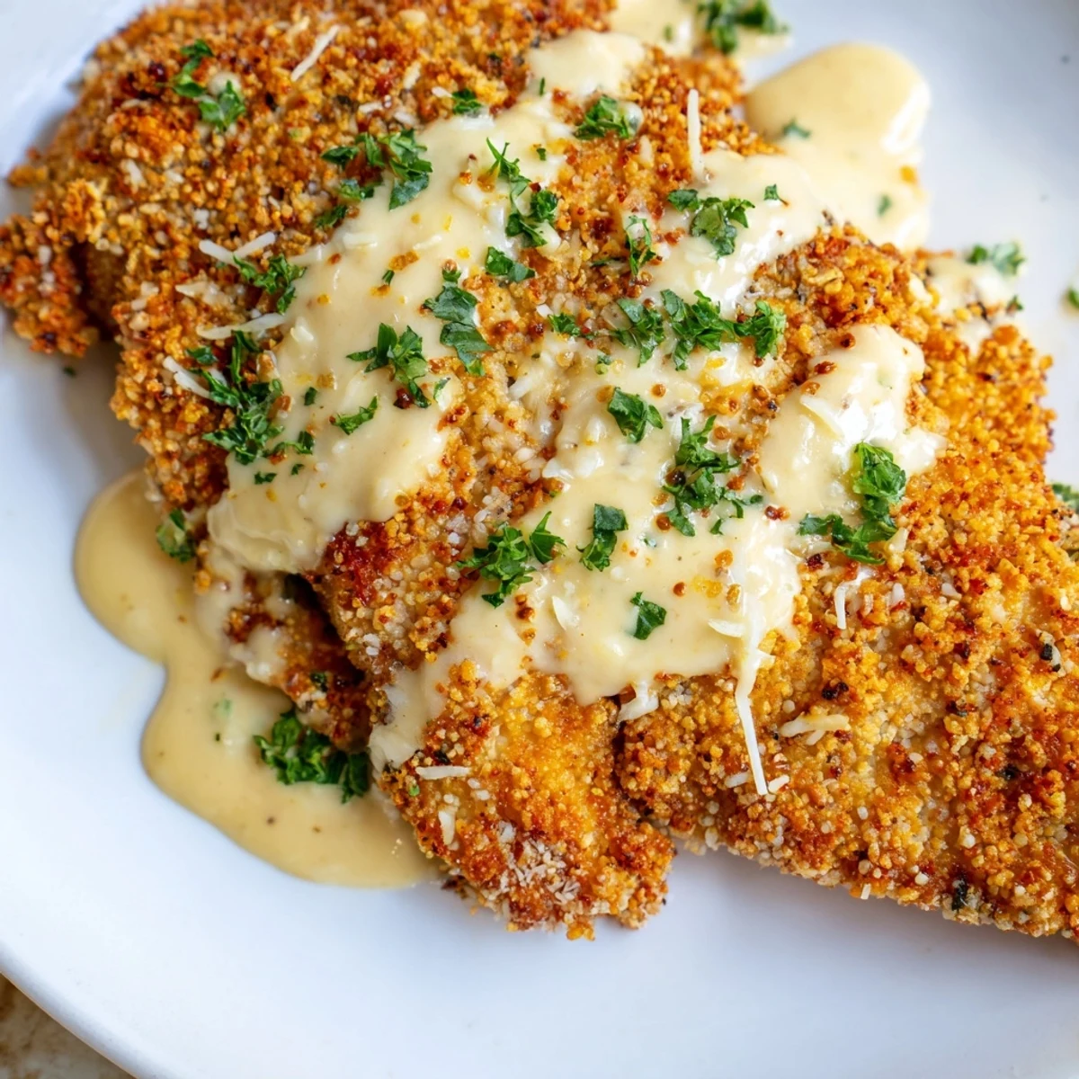Pan-fried chicken with crunchy breadcrumb coating topped with rich garlic cream sauce and fresh parsley