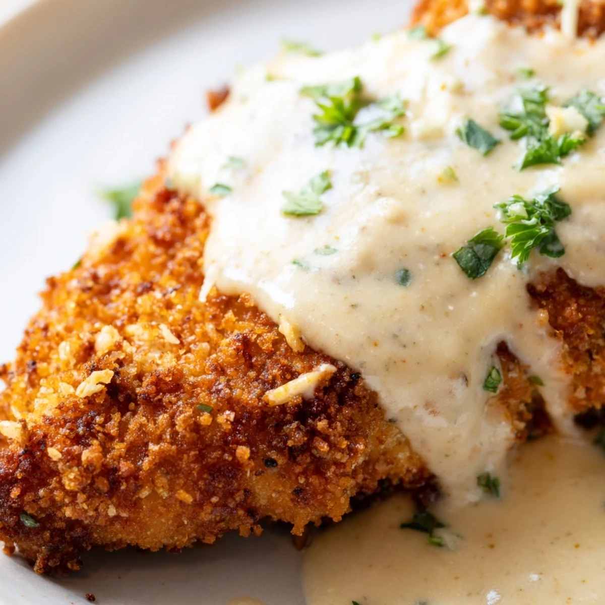 Juicy breaded chicken cutlets served swimming in a smooth white Parmesan sauce garnished with green herbs