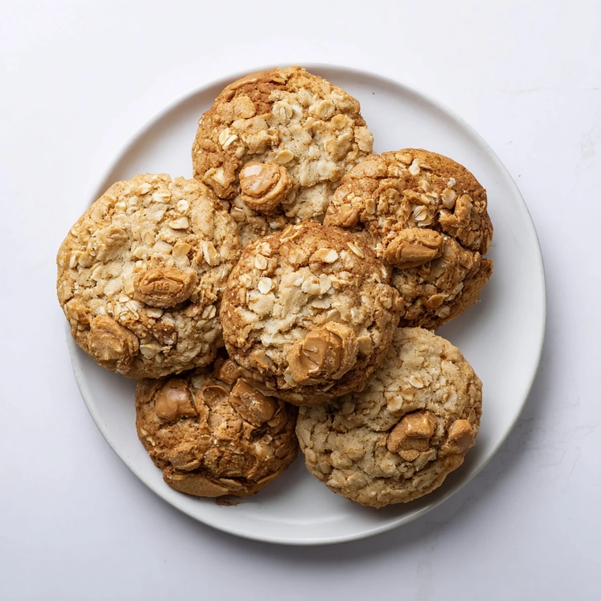 Golden brown Biscoff oatmeal Lotus cookies stacked on a white plate with visible chunks of caramelized cookie pieces